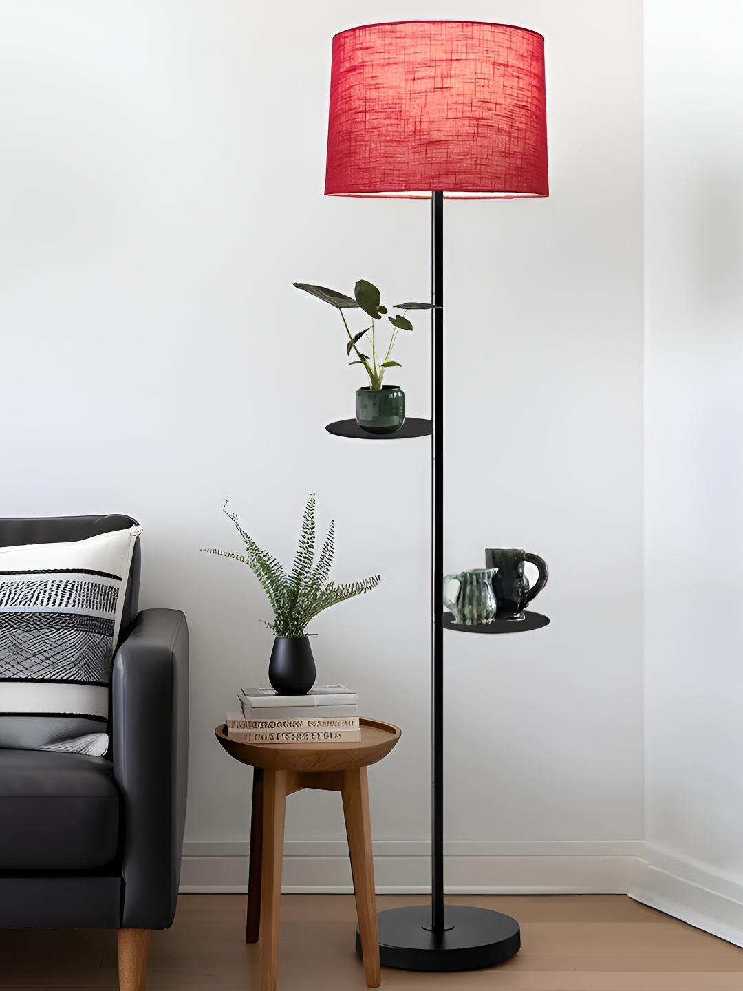 

Homesake Black & Red Dual Shelf Metal Floor Lamp with Fabric Shade