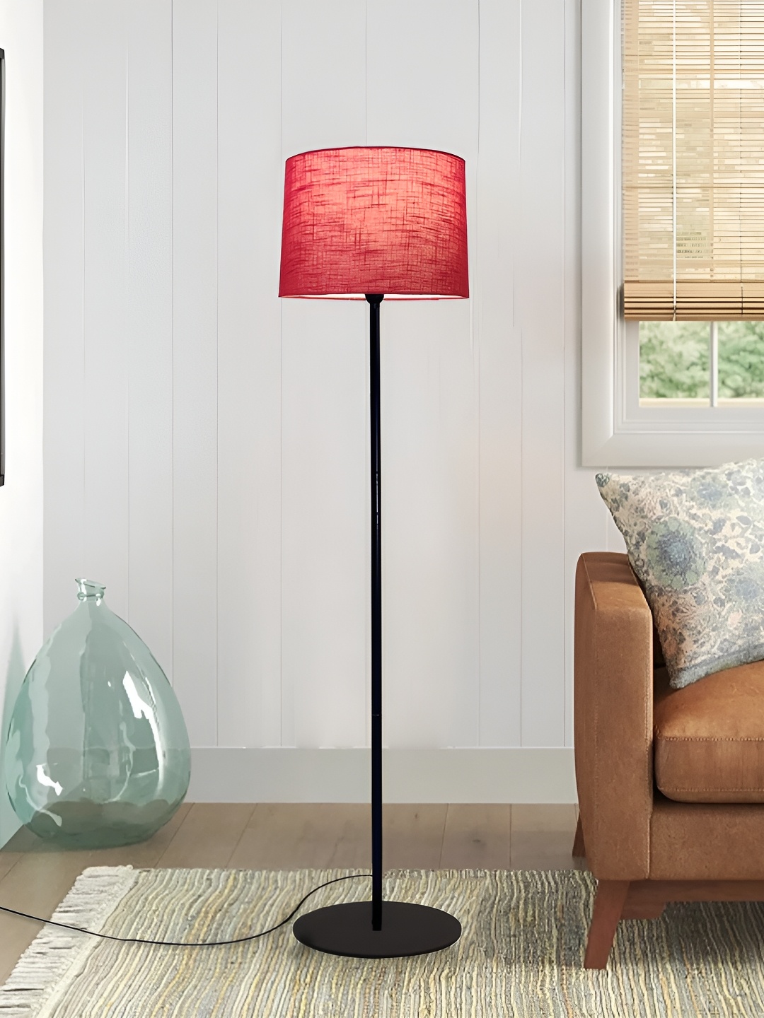 

Homesake Red & Black Modern Metal Floor Lamp with Jute Shade