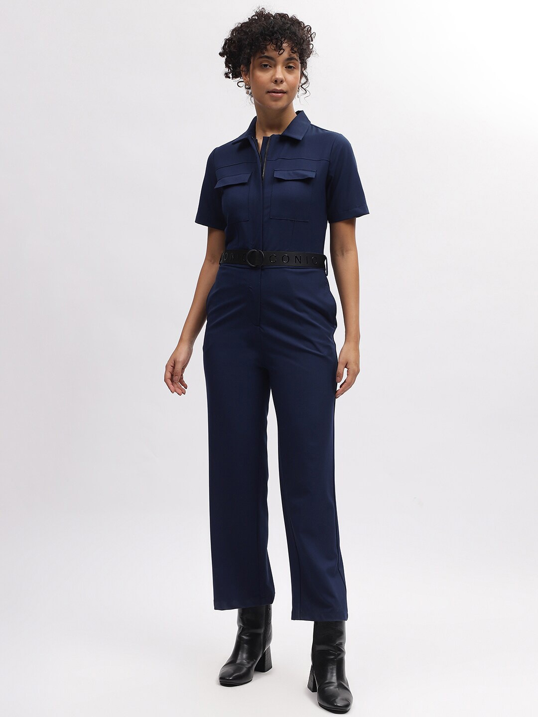 

Iconic Shirt Collar Short Sleeves Belted Basic Jumpsuit, Navy blue