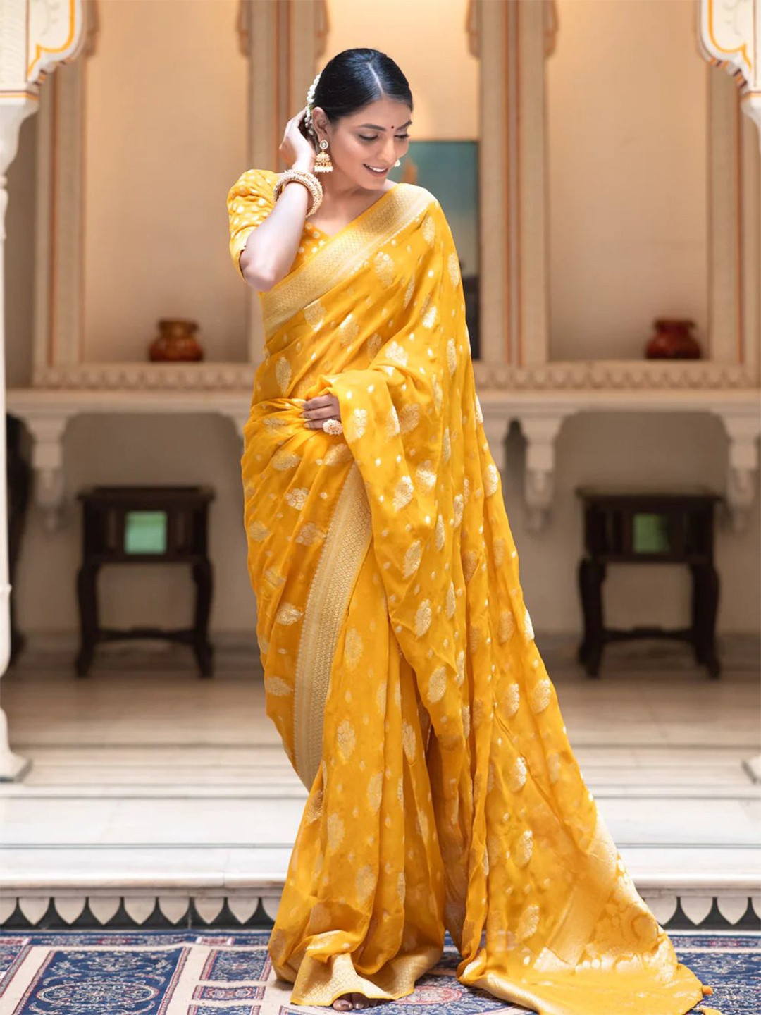 

ZILVIRA Ethnic Motifs Woven Design Zari Pure Georgette Banarasi Saree, Yellow