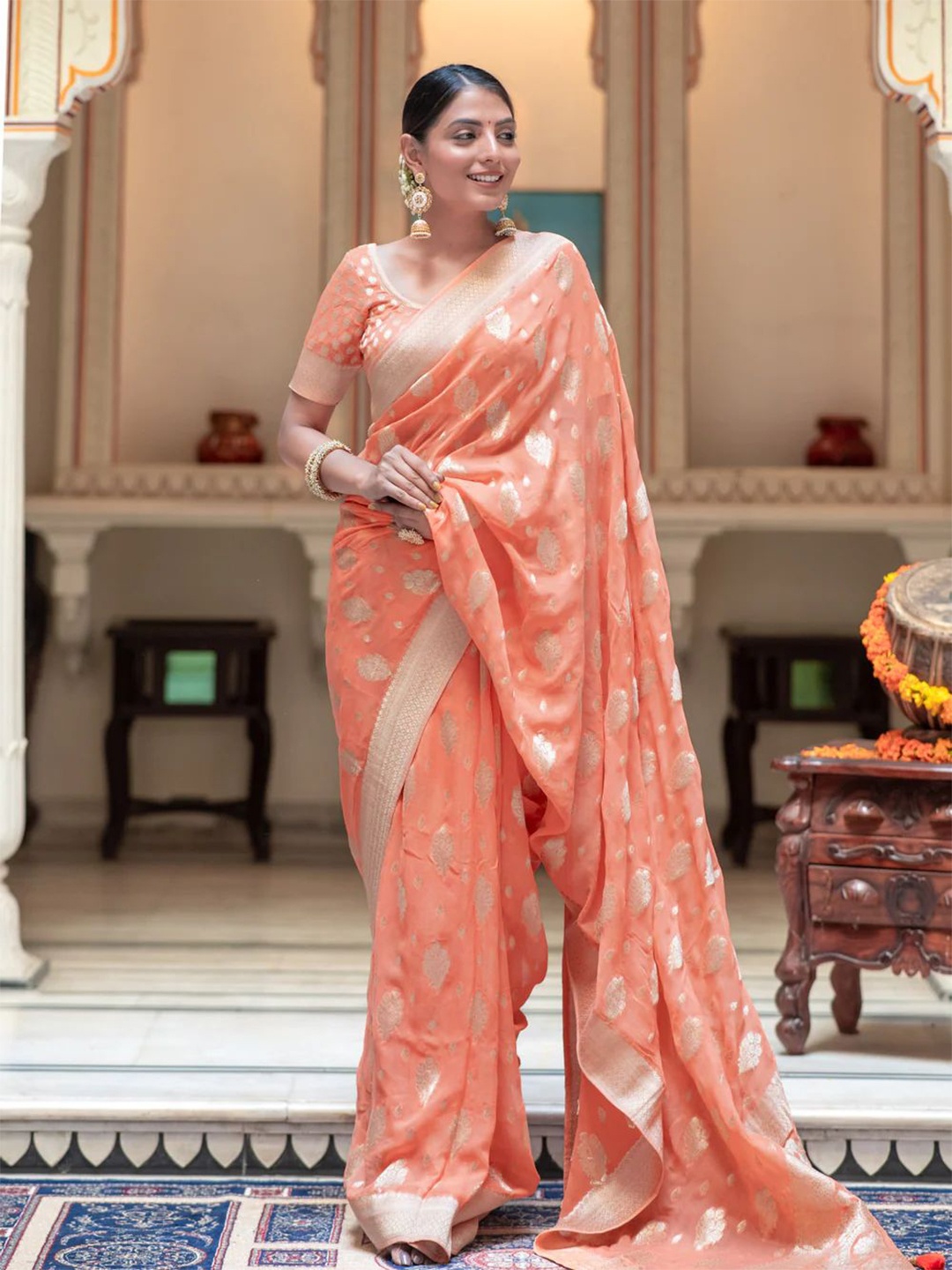 

ZILVIRA Ethnic Motifs Woven Design Zari Pure Georgette Banarasi Saree, Peach
