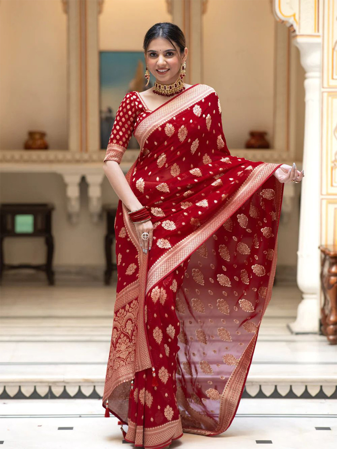 

ZILVIRA Ethnic Motifs Woven Design Zari Pure Georgette Banarasi Saree, Red