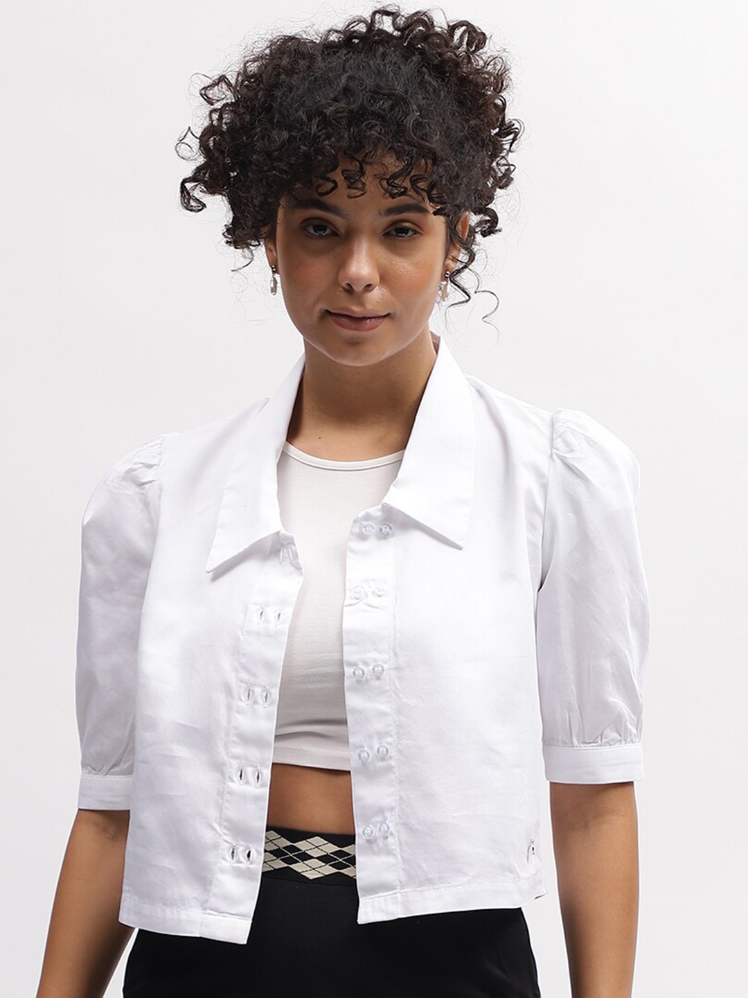 

Iconic Spread Collar Puff Sleeves Cotton Casual Shirt, White