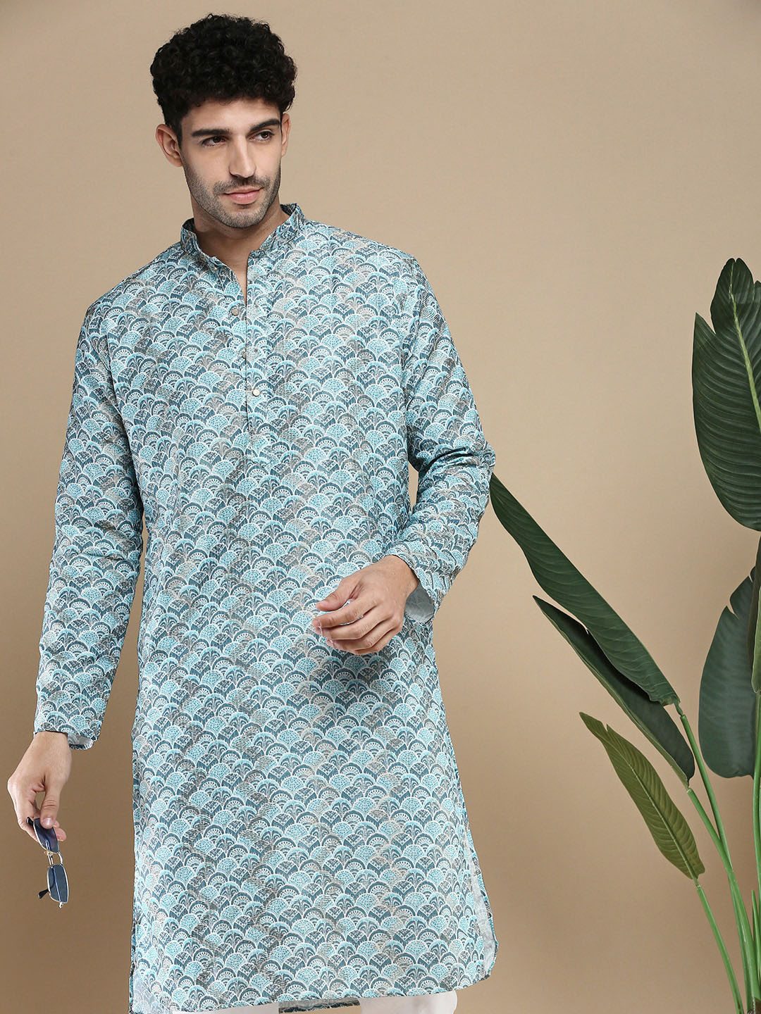 

Anouk Blue Abstract Printed Zari Mandarin Collar Cotton Straight Kurta