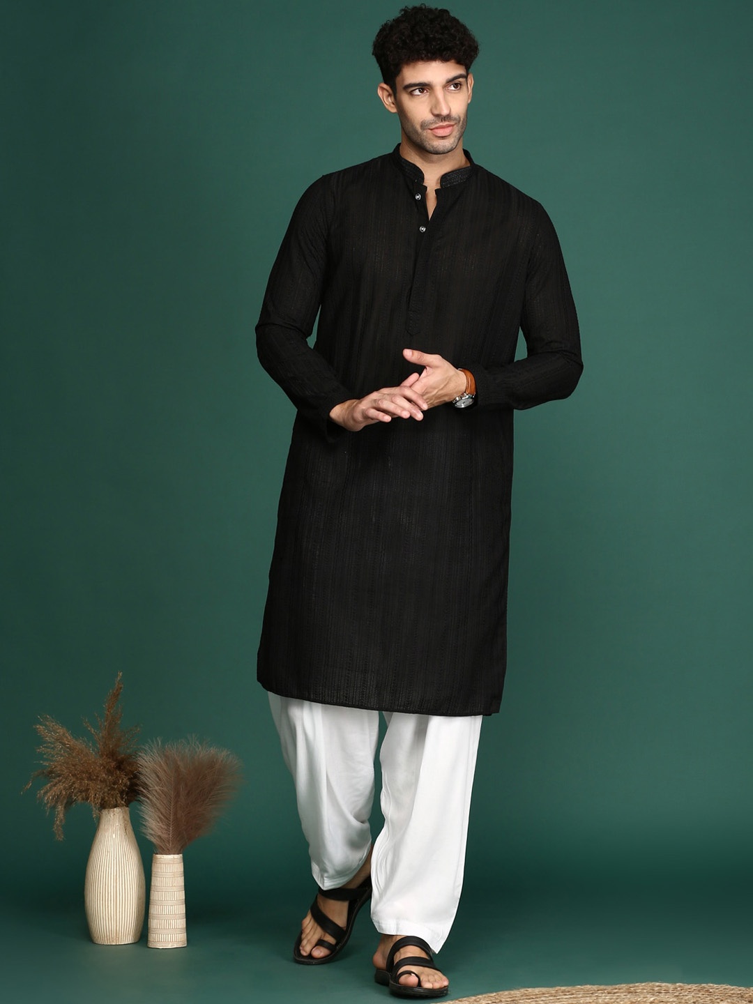 

Anouk Black Ethnic Motifs Embroidered Chikankari Cotton Straight Kurta