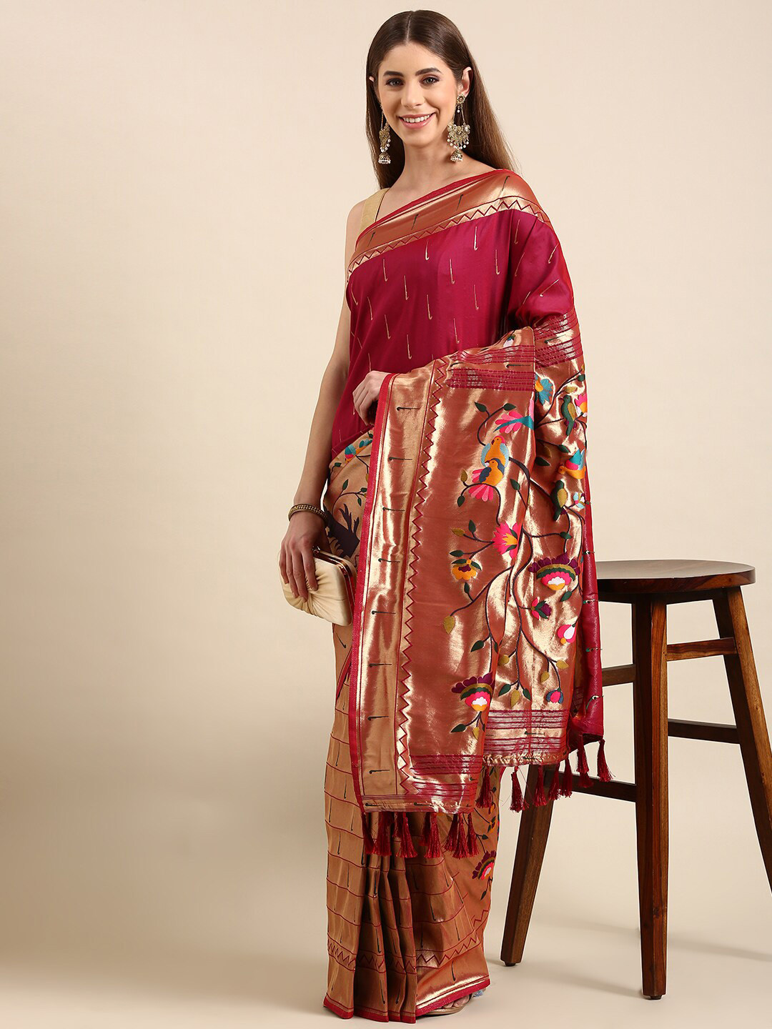 

PATLIPALLU Floral Woven Design Zari Paithani Saree, Brown
