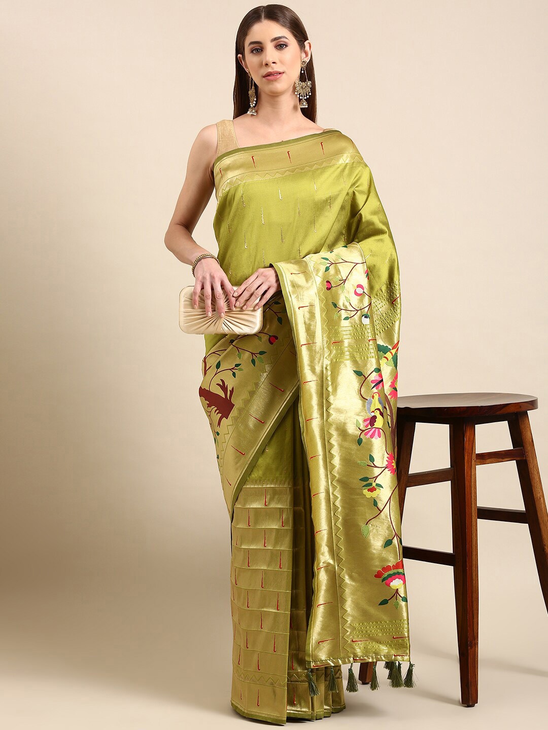 

PATLIPALLU Floral Woven Design Zari Paithani Saree, Olive