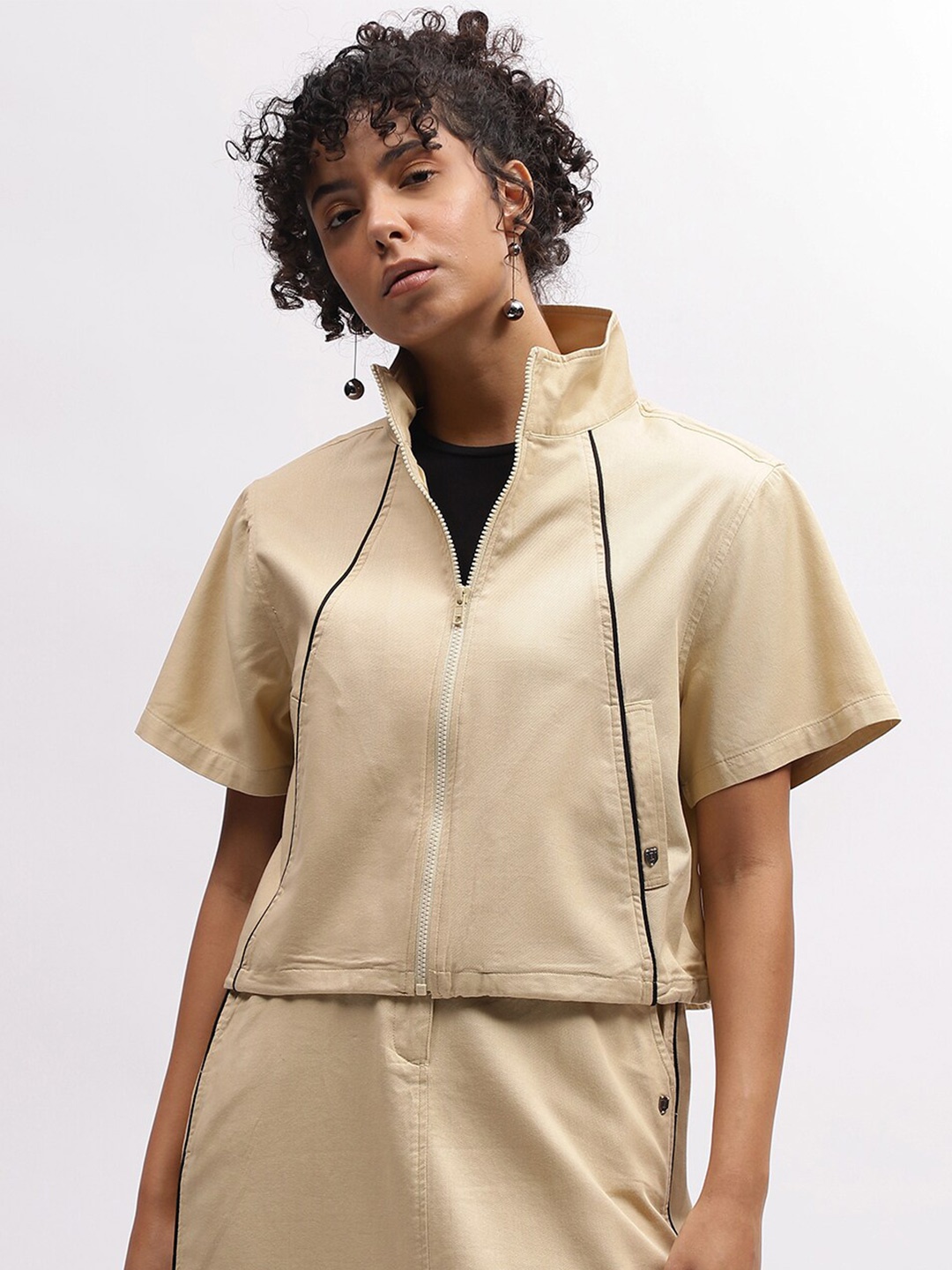 

Iconic High Neck Cotton Shirt Style Top, Beige