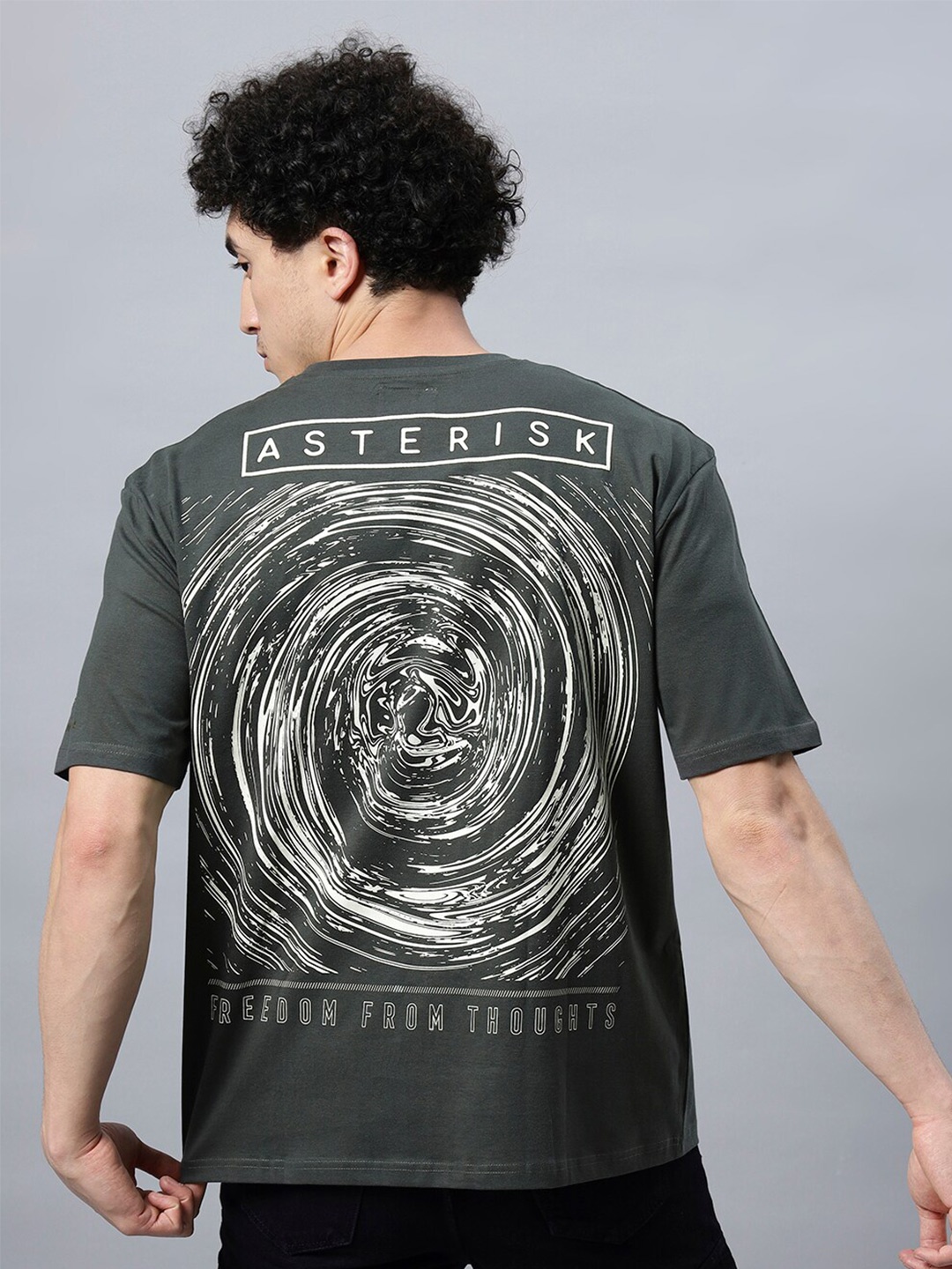 

Asterisk Typography Printed Round Neck Oversized Applique Casual T-shirt, Grey