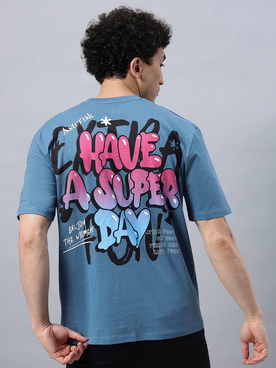 

Asterisk Typography Printed Cotton Short Sleeves Oversized Pockets Casual T-shirt, Blue