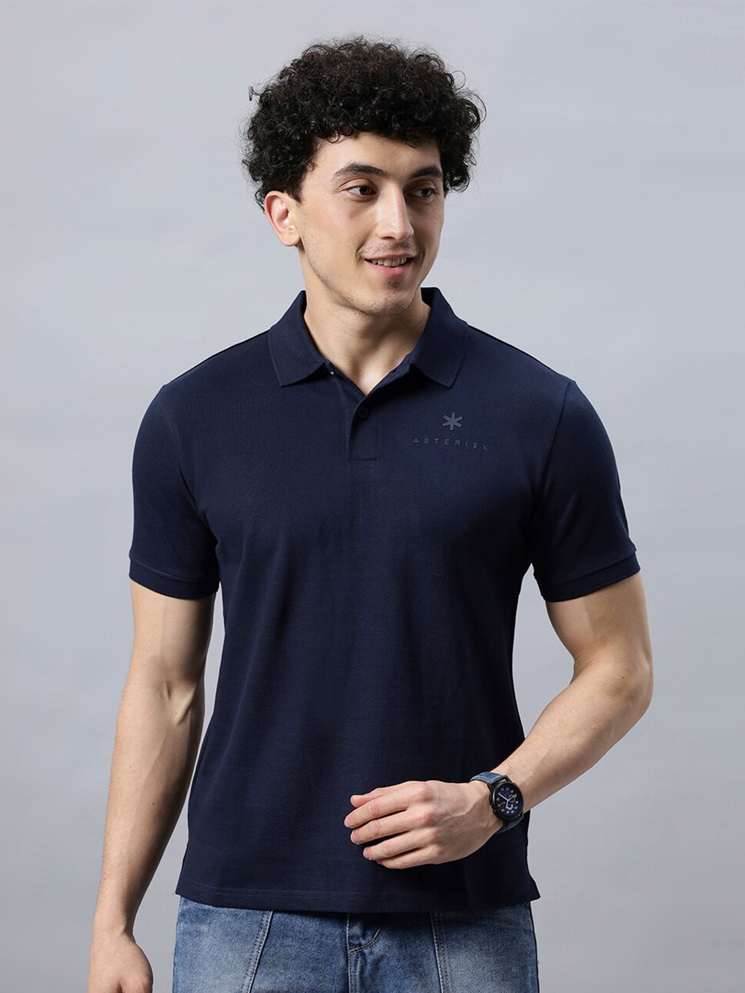 

Asterisk Cotton Polo Collar Short Sleeves Pockets Casual T-shirt, Navy blue