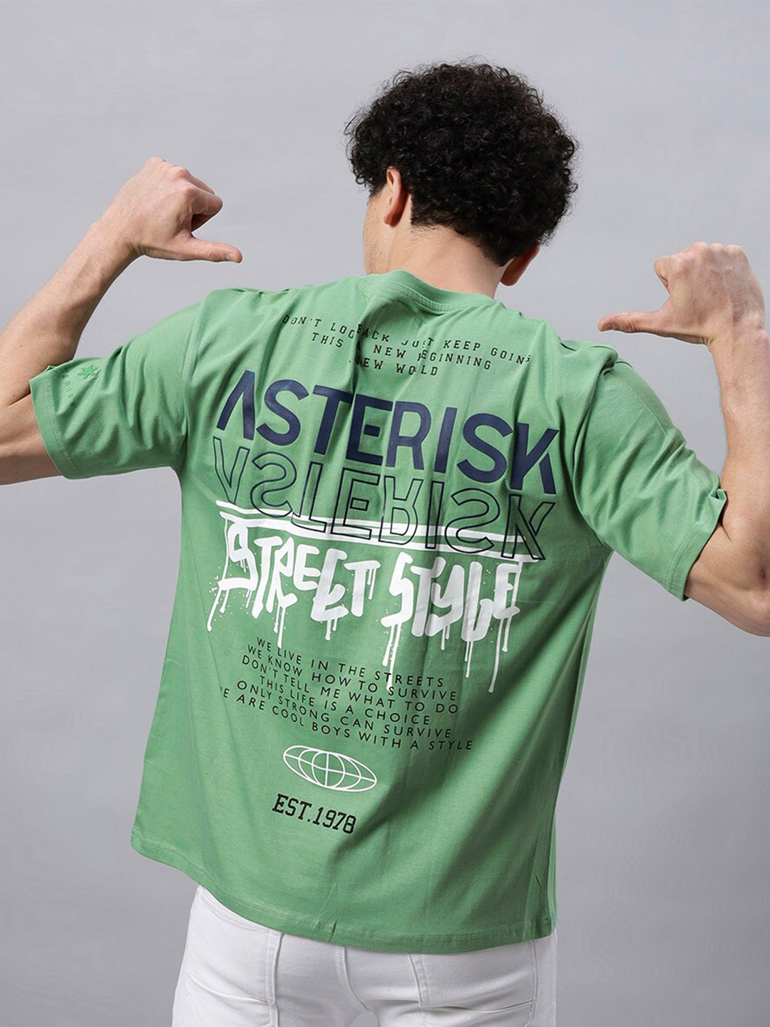 Asterisk Typography Printed Cotton Short Sleeves Oversized Applique Casual T-shirt, Green