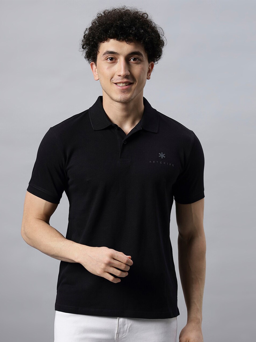 

Asterisk Cotton Polo Collar Short Sleeves Casual T-shirt, Black