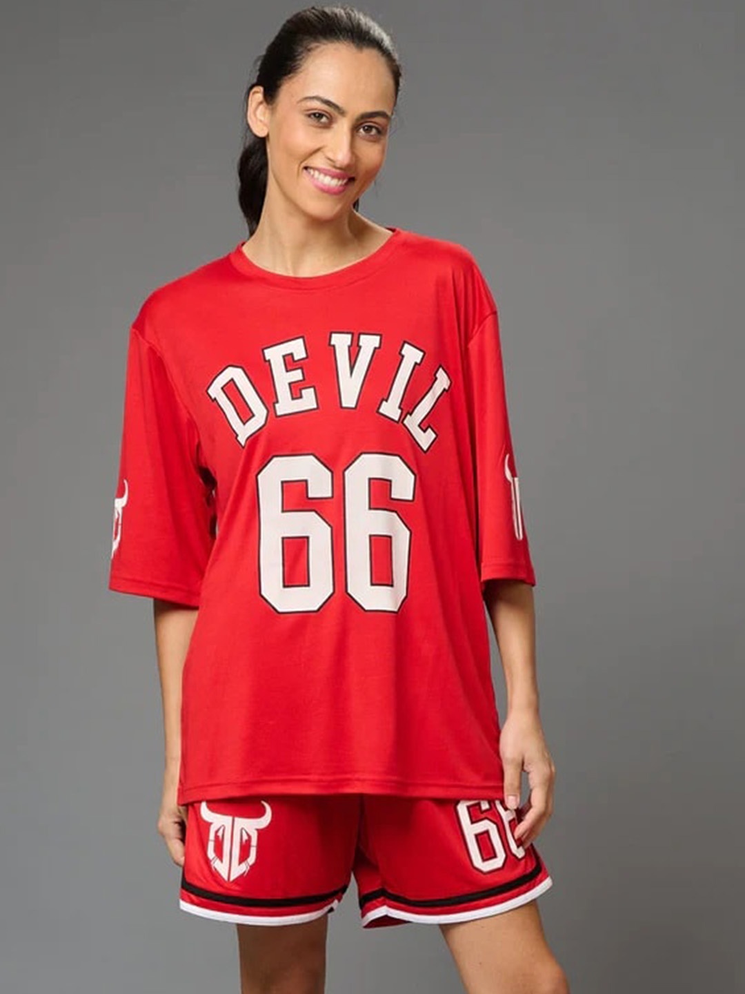 

GO DEVIL Typography Printed Pure Cotton Co-Ords, Red