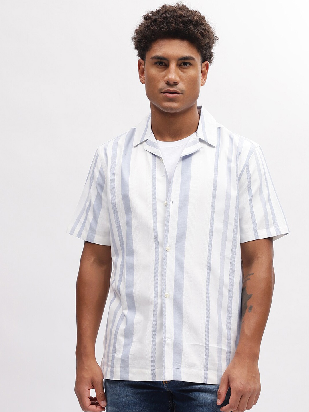 

LINDBERGH Striped Spread Collar Short Sleeves Cotton Shirt, Blue