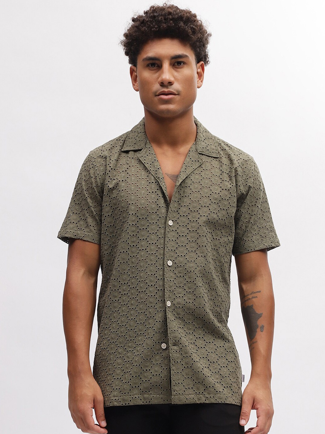 

LINDBERGH Embroidered Spread Collar Short Sleeves Cotton Casual Shirt, Green