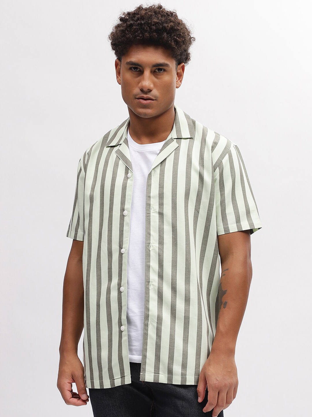 

LINDBERGH Striped Spread Collar Short Sleeves Cotton Shirt, Green