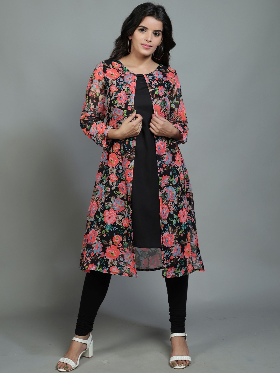 

ADDICTED ATTIRE Floral Print Georgette A-Line Dress, Black