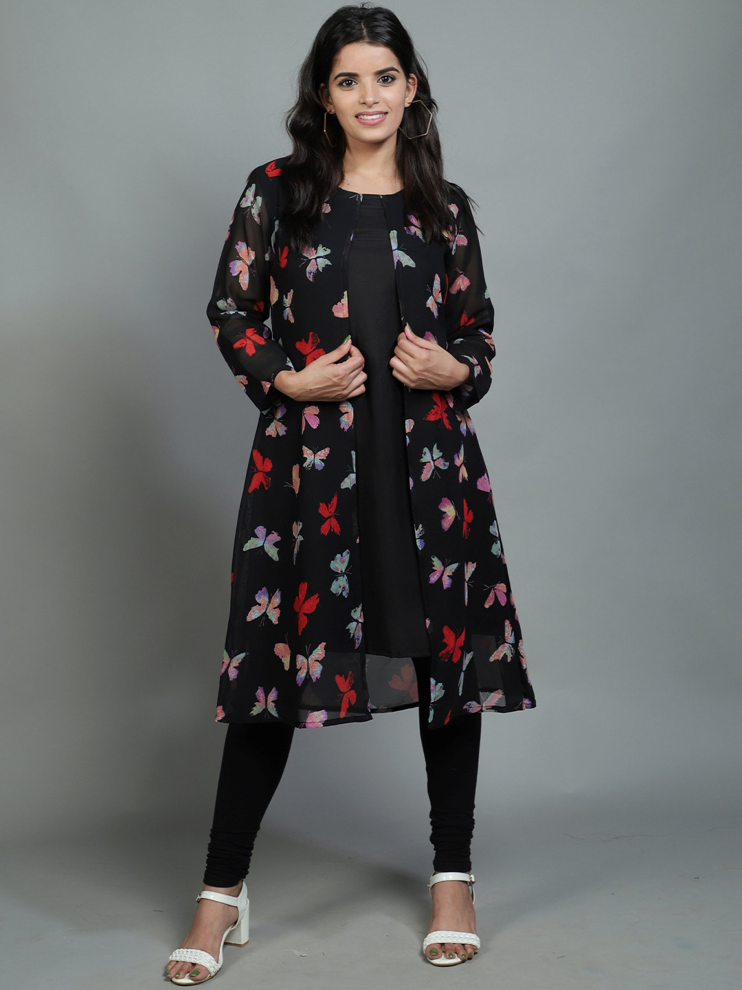 

ADDICTED ATTIRE Floral Print Georgette A-Line Dress, Black