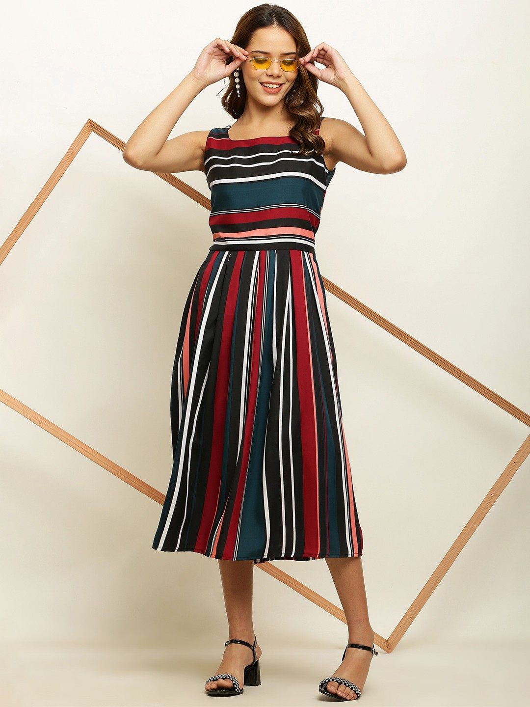 

ADDICTED ATTIRE Striped Crepe Fit & Flare Midi Dress, Blue