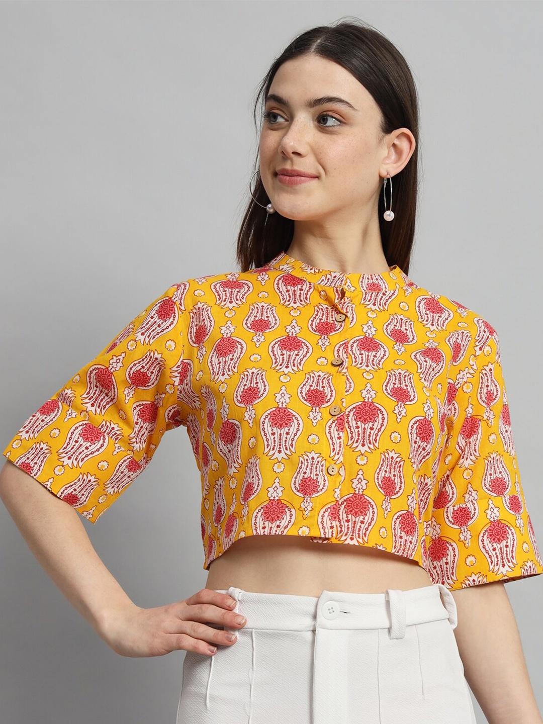 

HANDICRAFT PALACE Printed Cotton Crop Top, Yellow