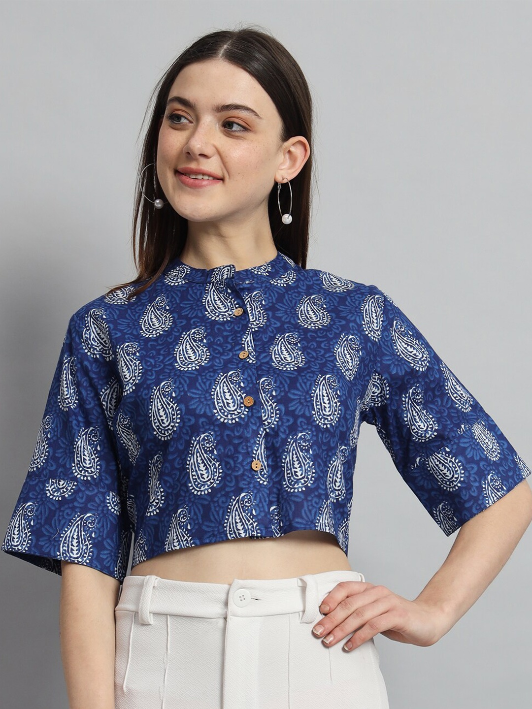 

HANDICRAFT PALACE Printed Mandarin Collar Ethnic Cotton Crop Top, Blue