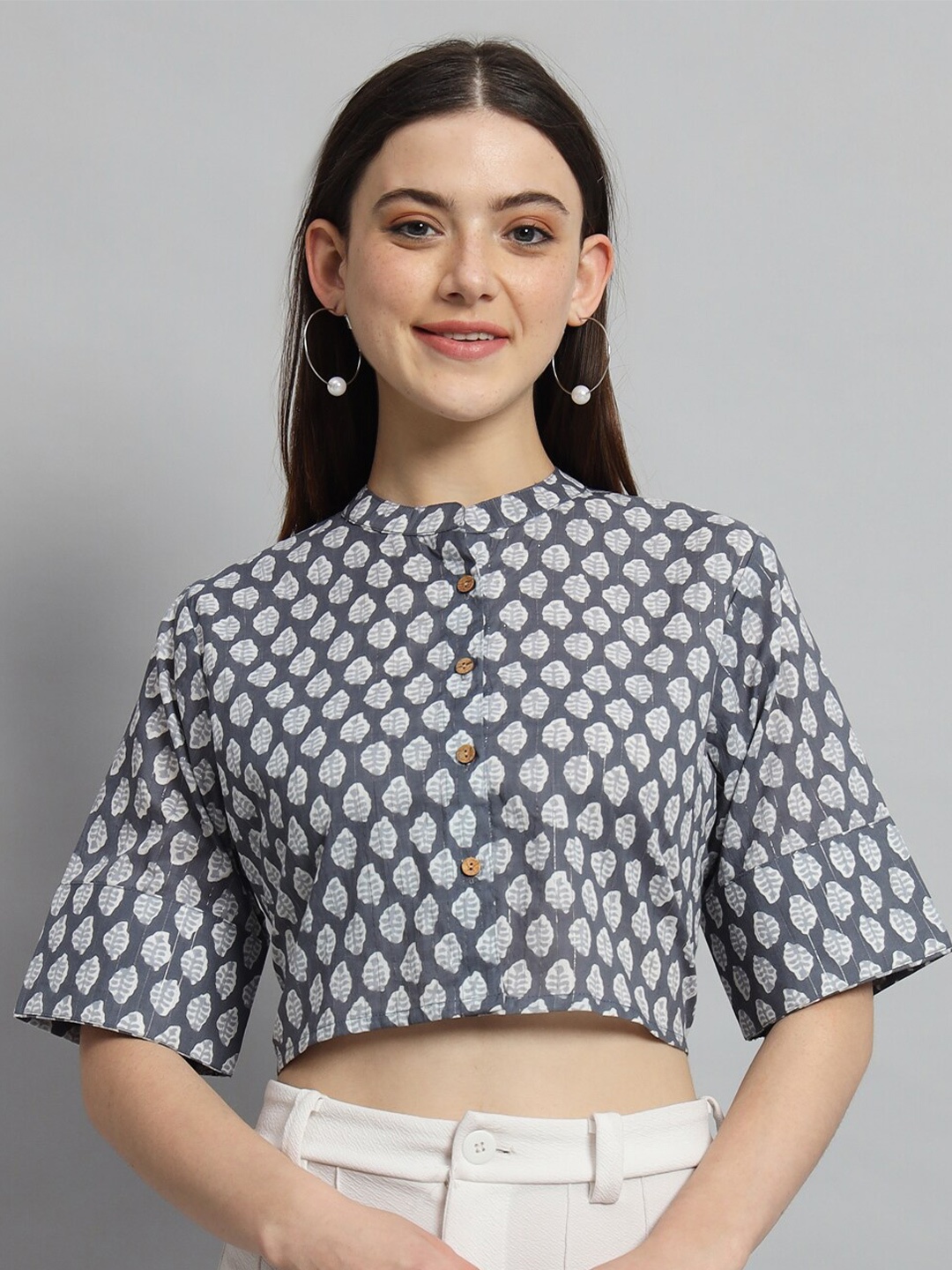 

HANDICRAFT PALACE Ethnic Print Mandarin Collar Flared Sleeves Cotton Crop Top, Grey
