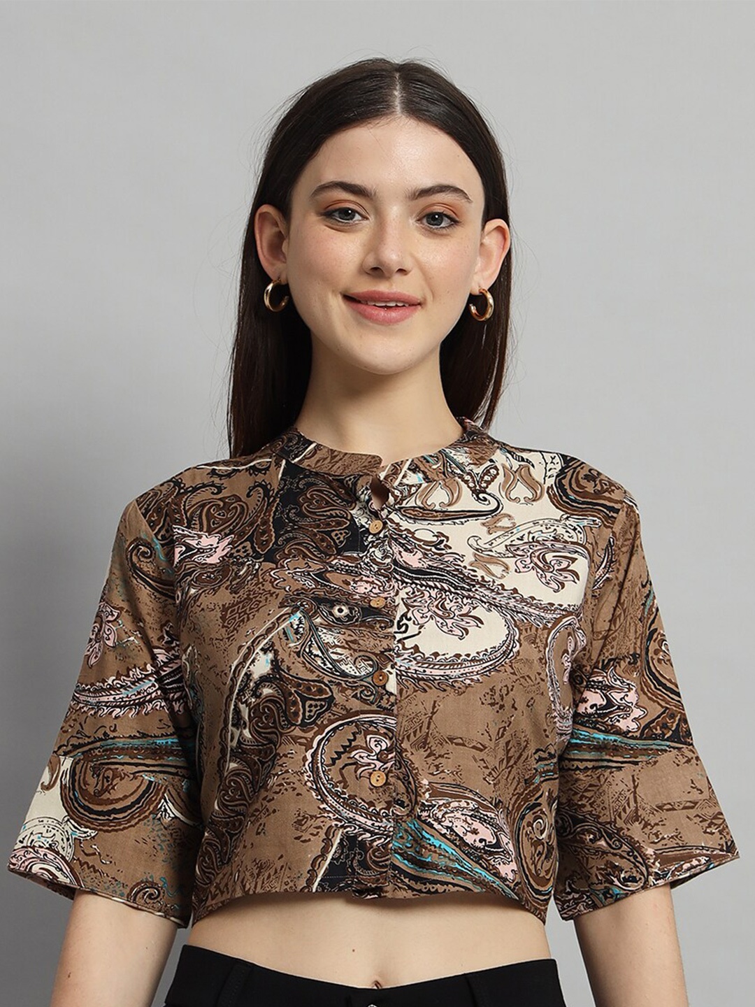 

HANDICRAFT PALACE Ethnic Print Mandarin Collar Flared Sleeves Cotton Crop Top, Brown