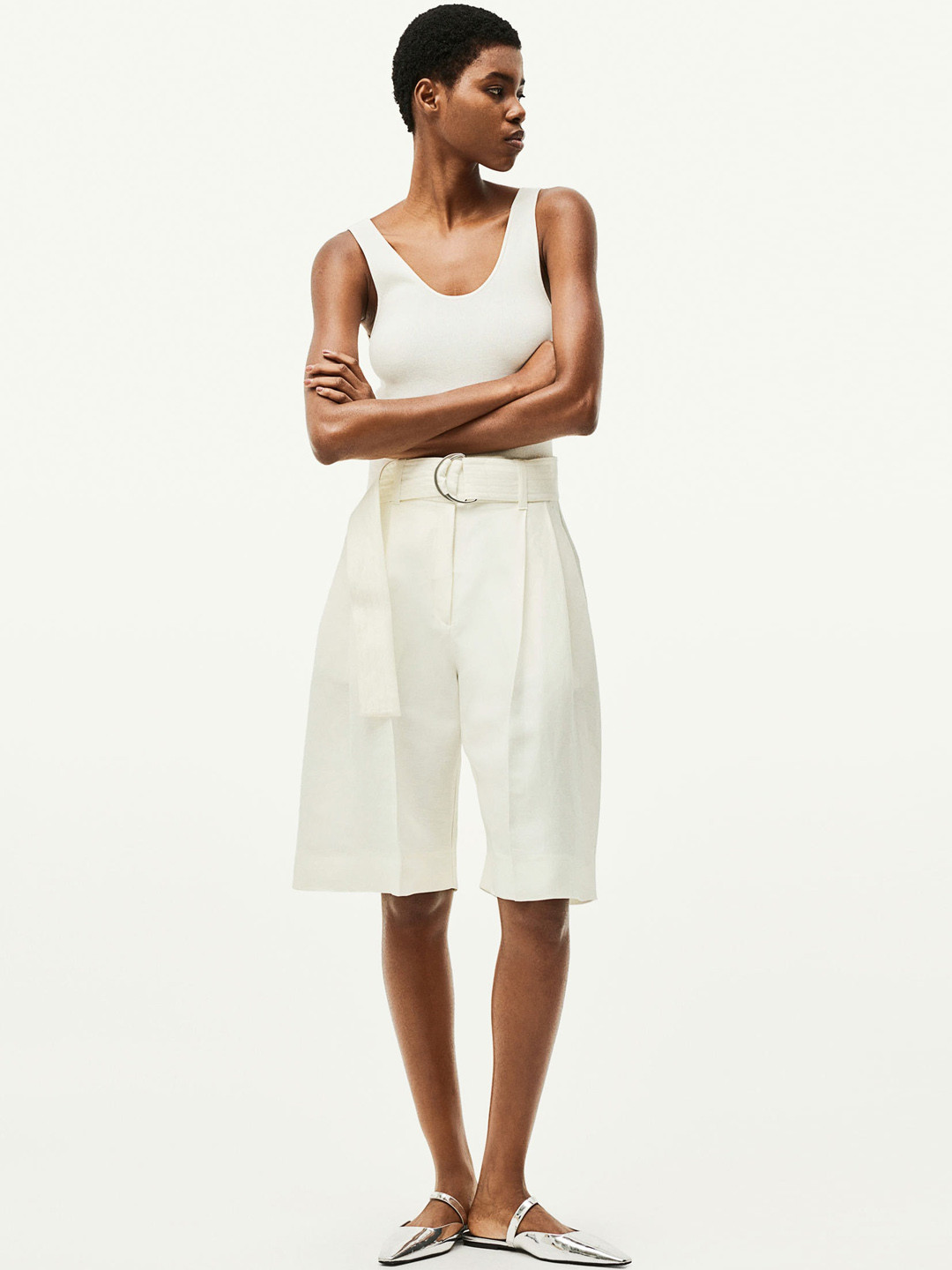 

H&M Women Linen-Blend Belted Shorts, White