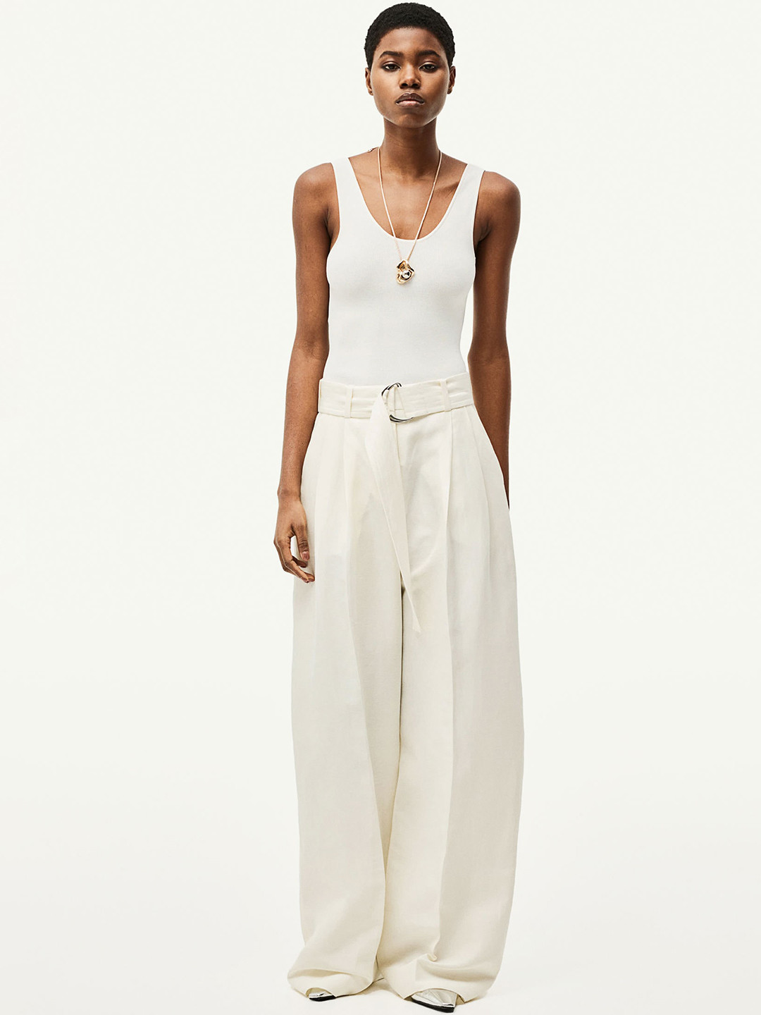 

H&M Women Linen-Blend Belted Trousers, White