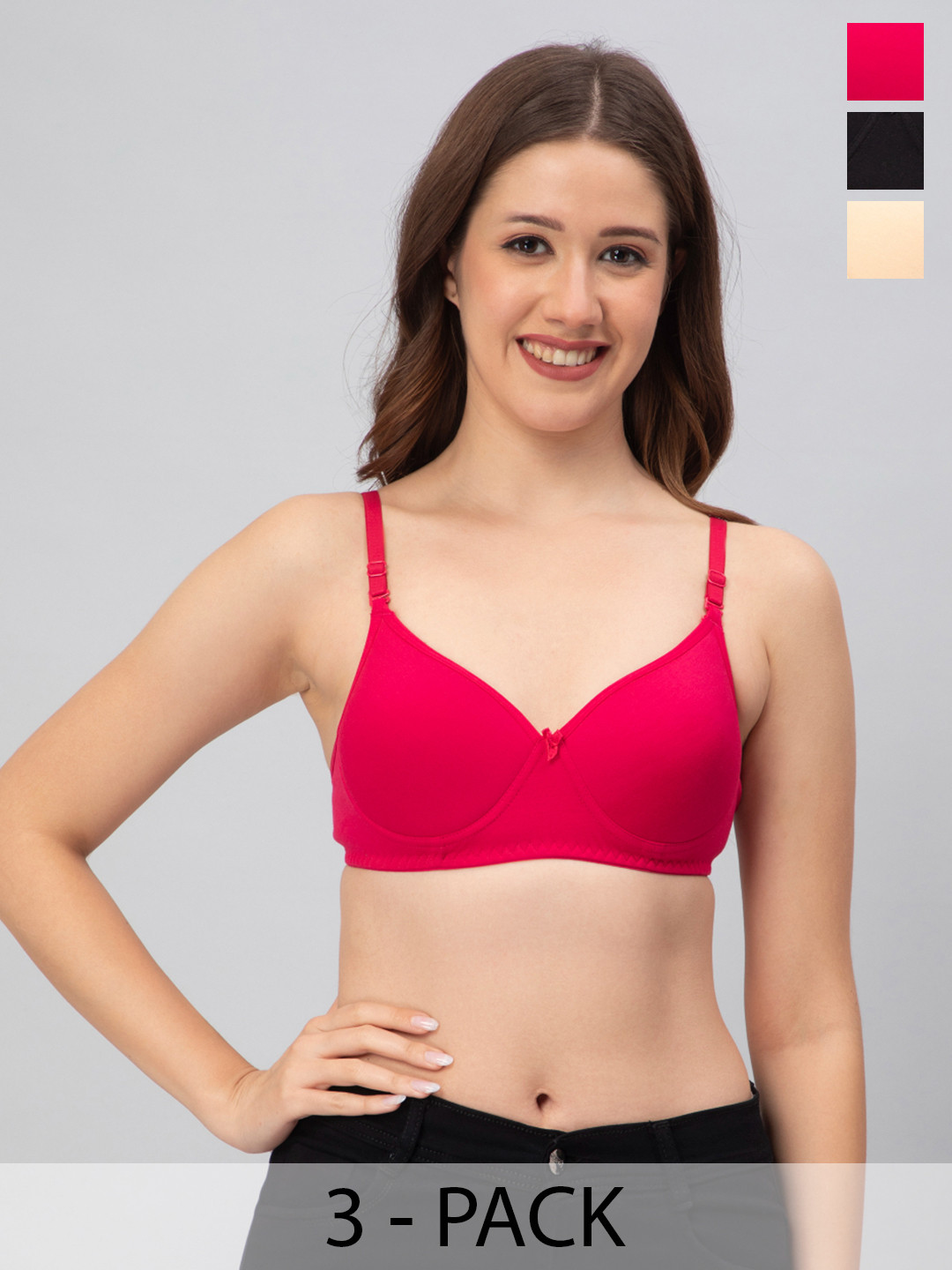 

CEE-18 Pack Of 3 Cotton T-shirt Bra Medium Coverage Lightly Padded Non-Wired, Red