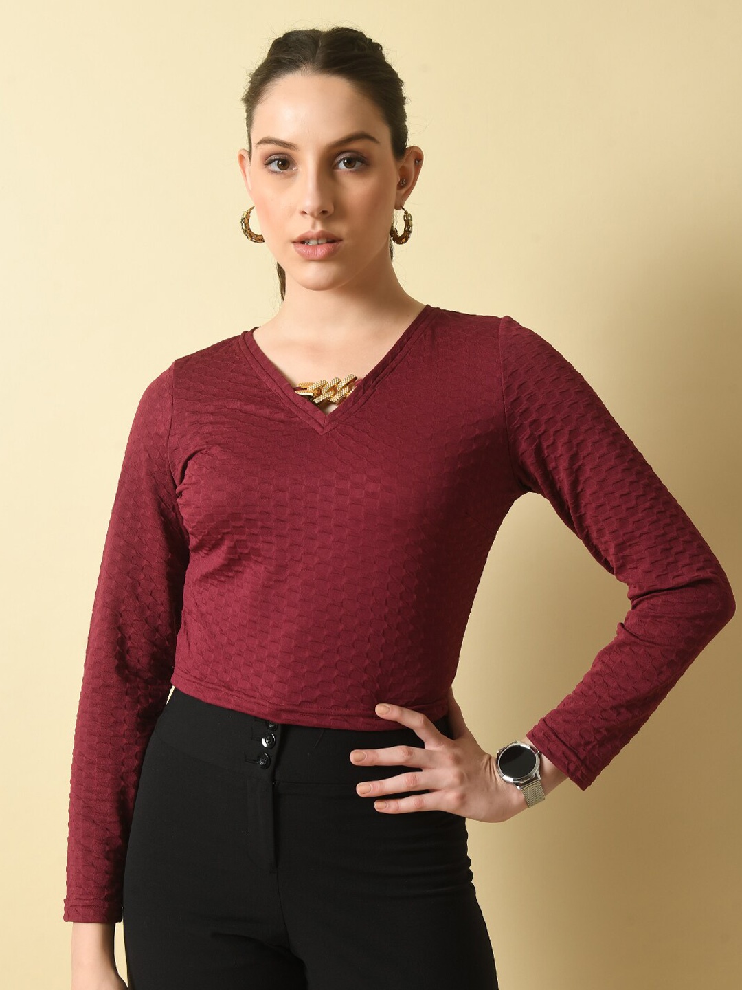 

Moshe Self Design V-Neck Long Sleeves Crop Top, Maroon