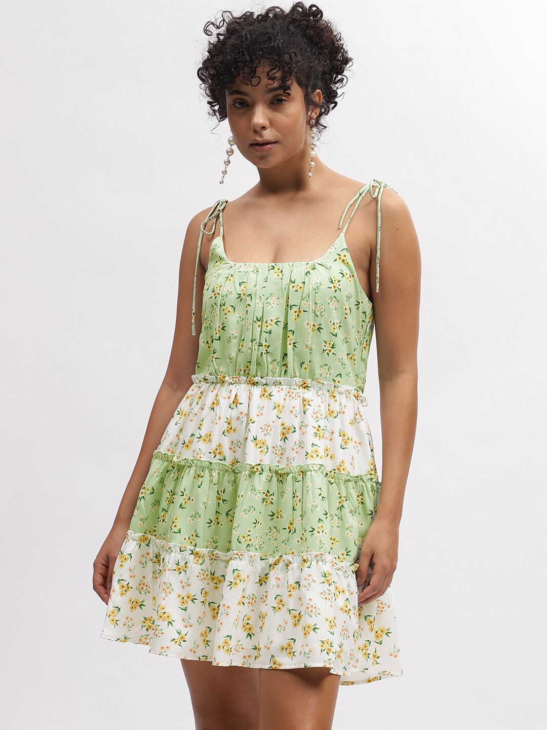 

ELLE Floral Printed Shoulder Straps Tiered A-Line Dress, Green