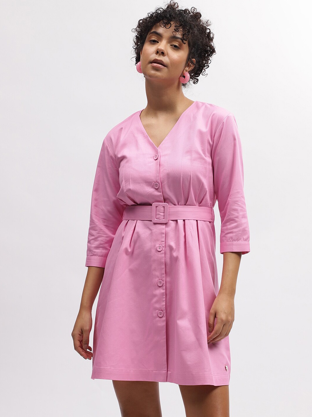 

ELLE V-Neck Straight Three-Quarter Sleeves Shirt Dress, Pink