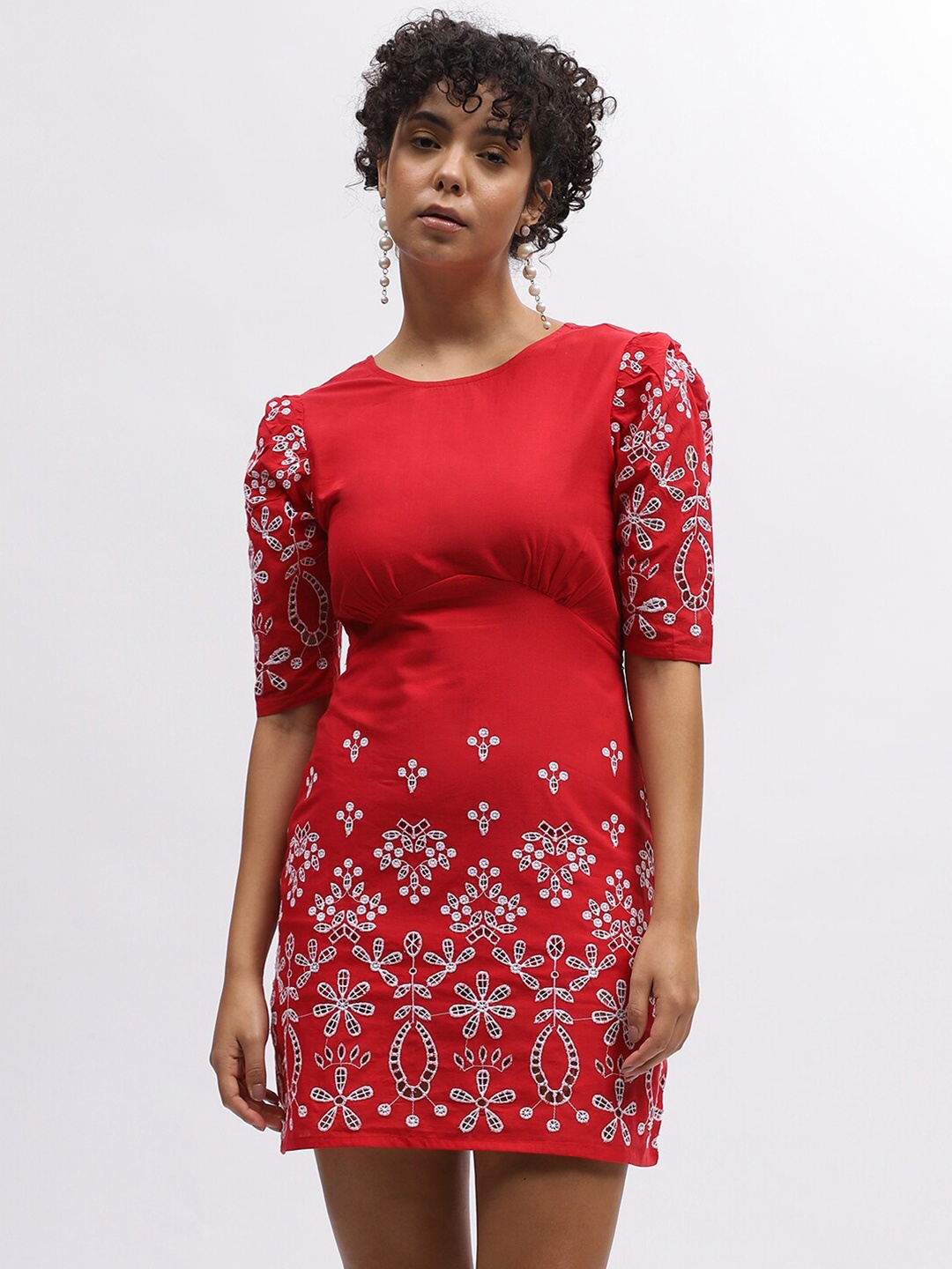 

ELLE Floral Embroidered Cotton Round Neck Sheath Mini Dress, Red