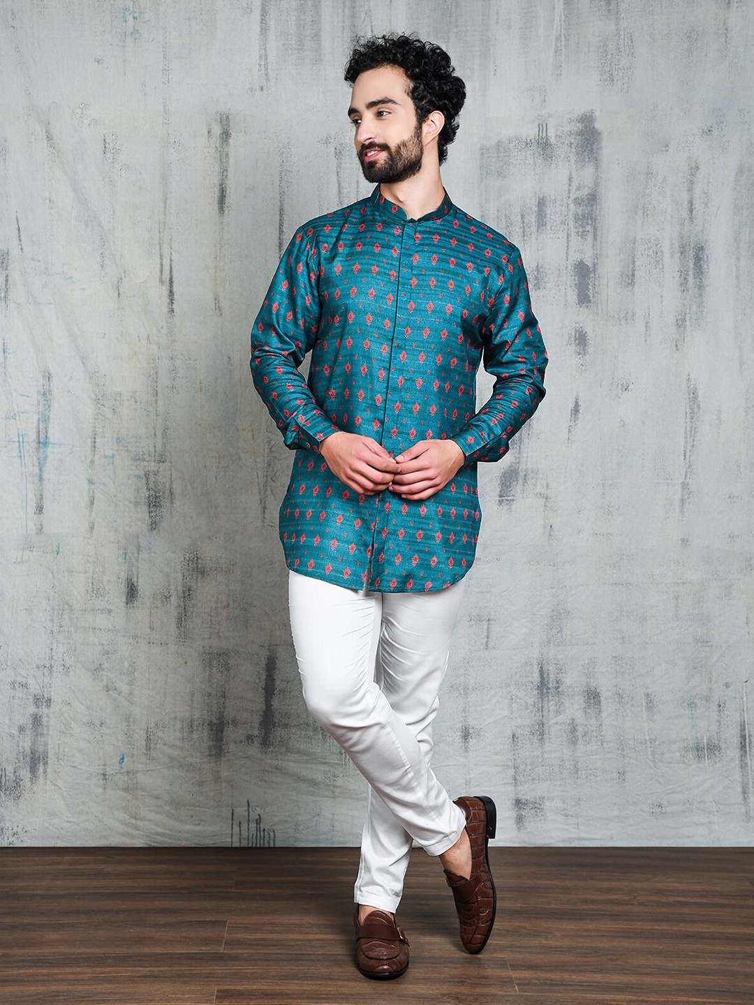 

Be Desi Ethnic Motifs Printed Mandarin Collar Classic Casual Shirt, Blue