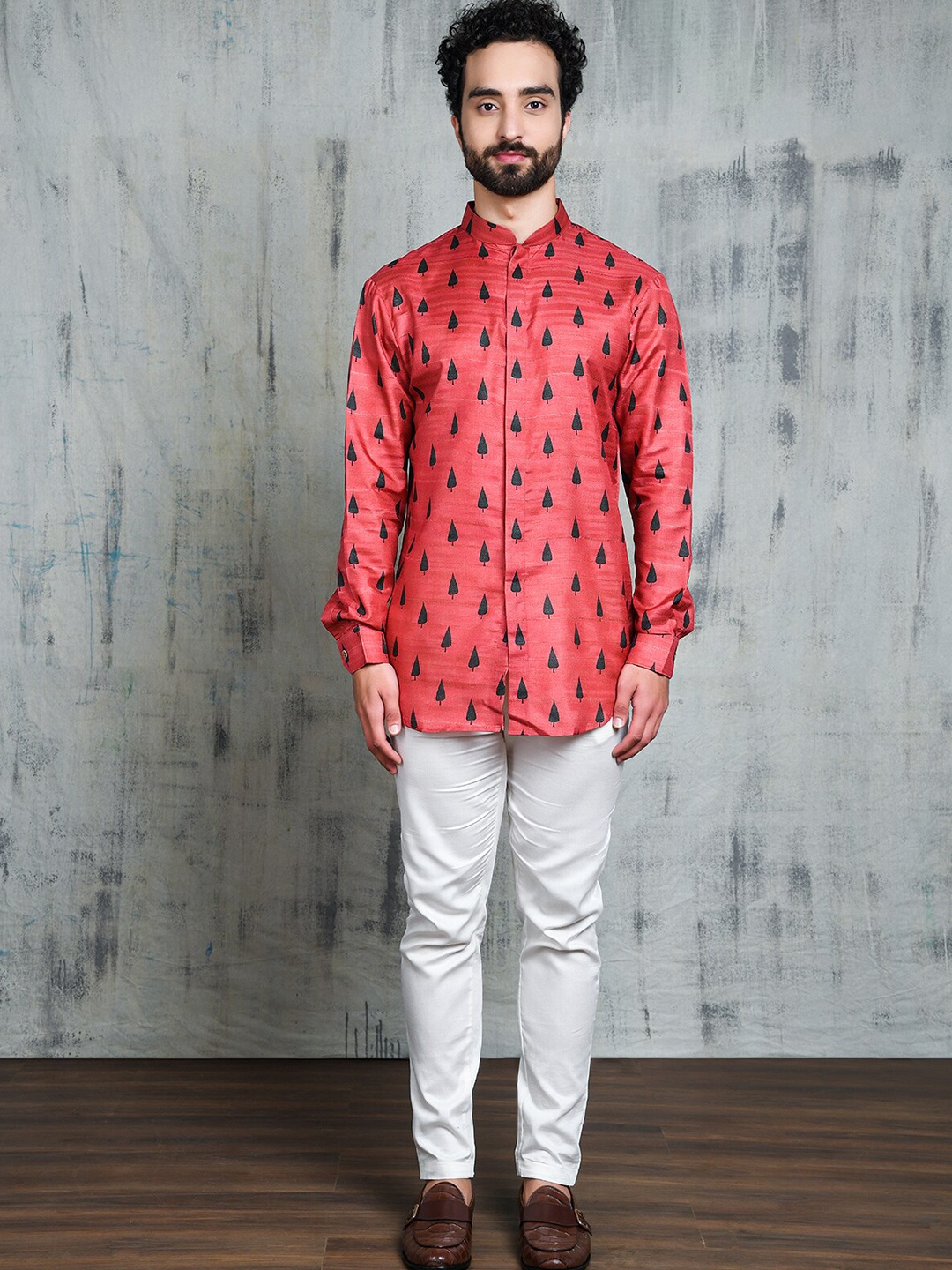 

Be Desi Floral Printed Mandarin Collar Classic Casual Shirt, Pink