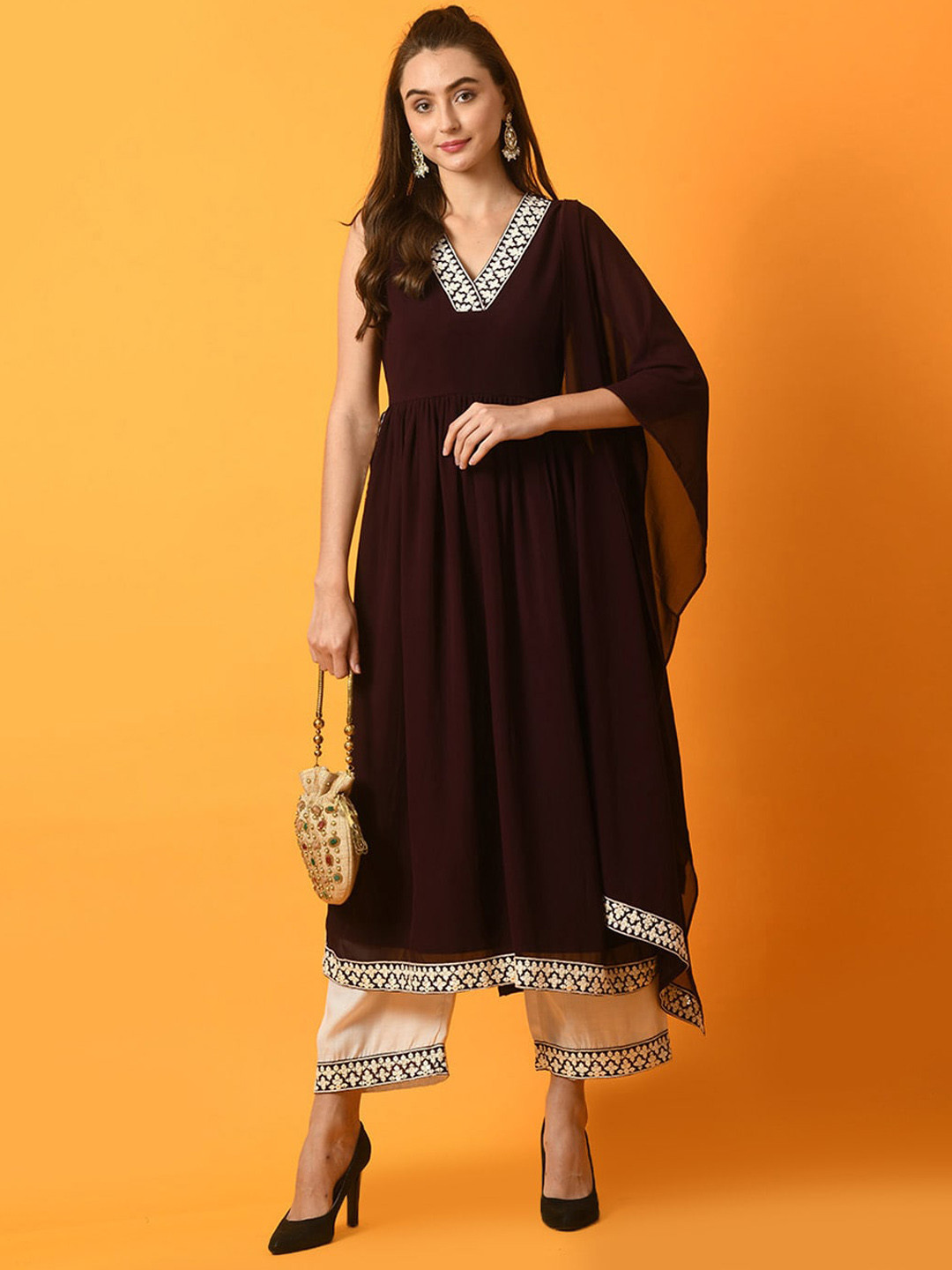 

KALINI V-Neck A-Line Pleated Thread Work Kurta With Palazzos & Dupatta, Coffee brown