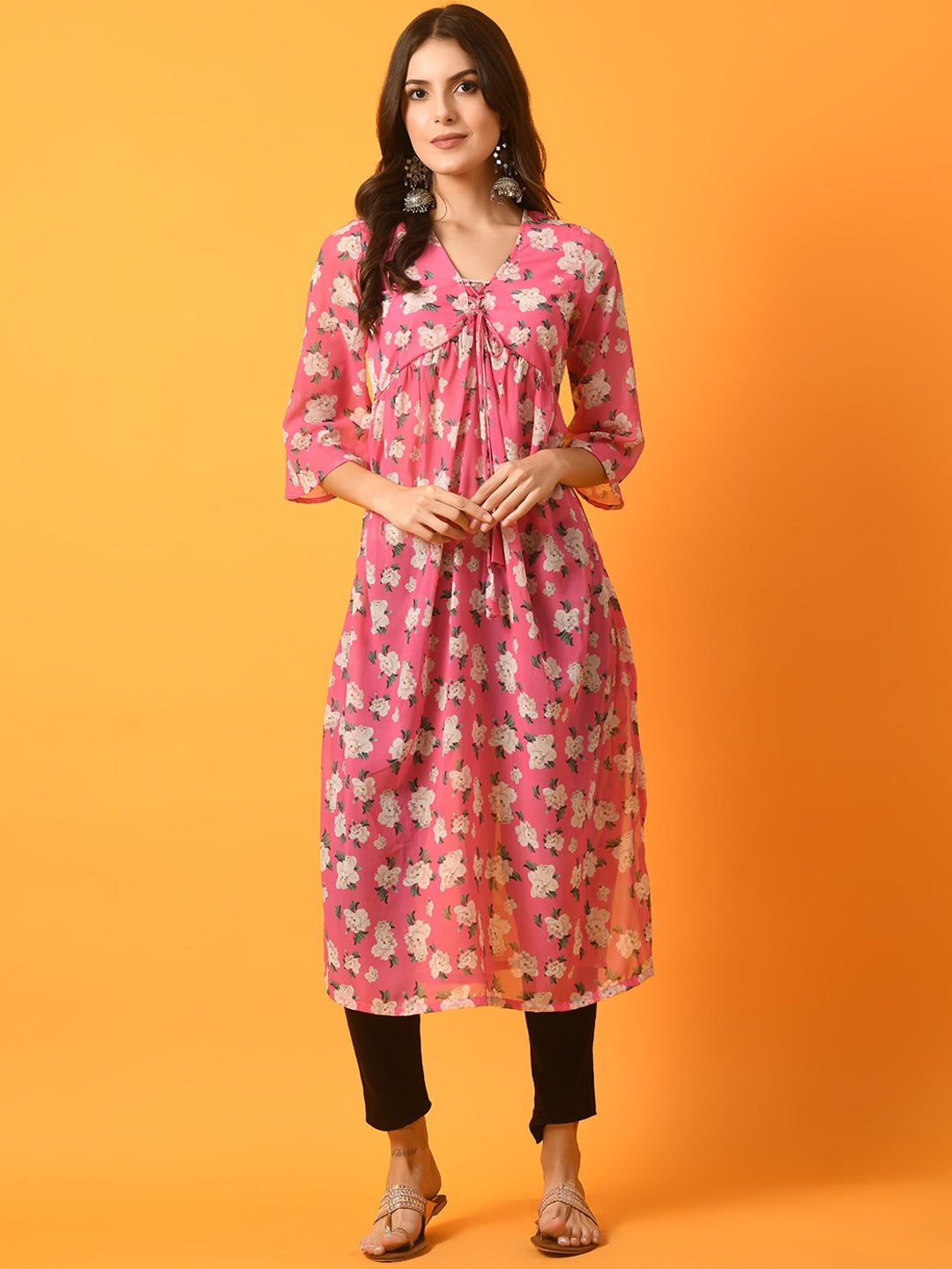 

KALINI Floral Printed Flared Sleeves Thread Work Georgette Kurta, Pink
