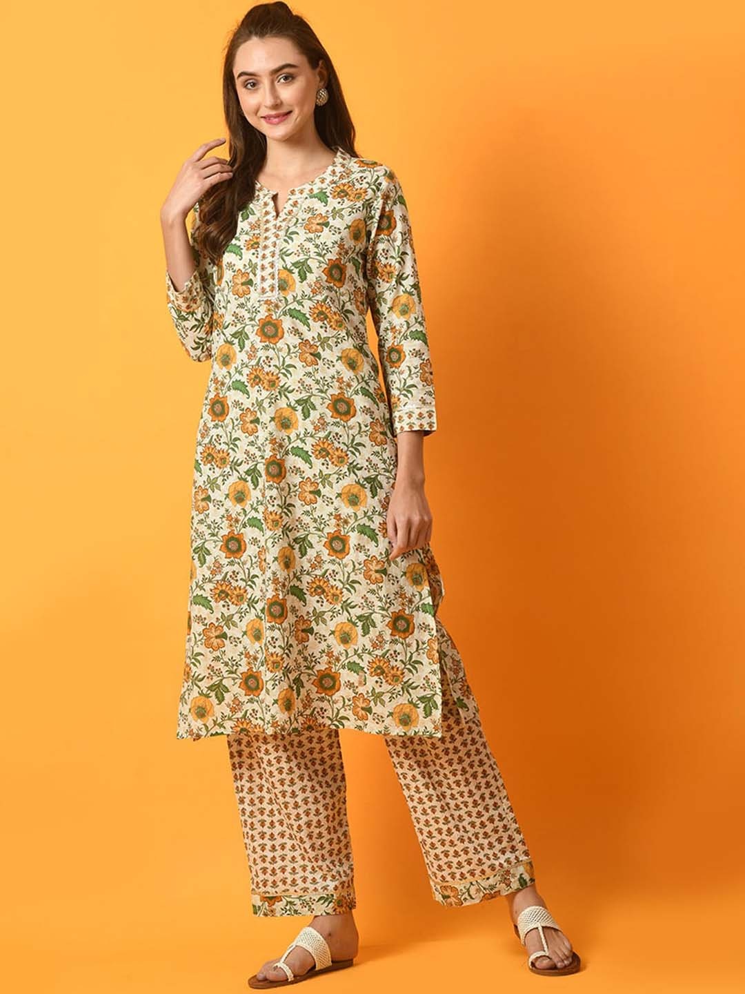 

KALINI Floral Printed Pure Cotton Kurta With Palazzo, Beige