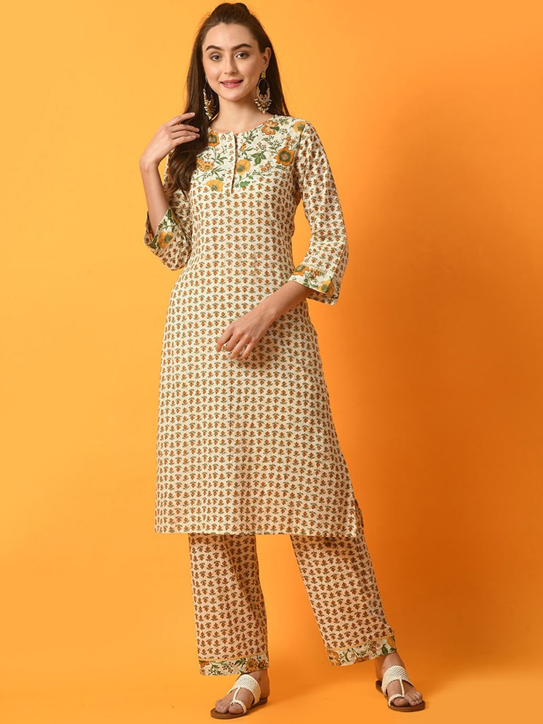 

KALINI Floral Printed Pure Cotton Kurta With Palazzo, White