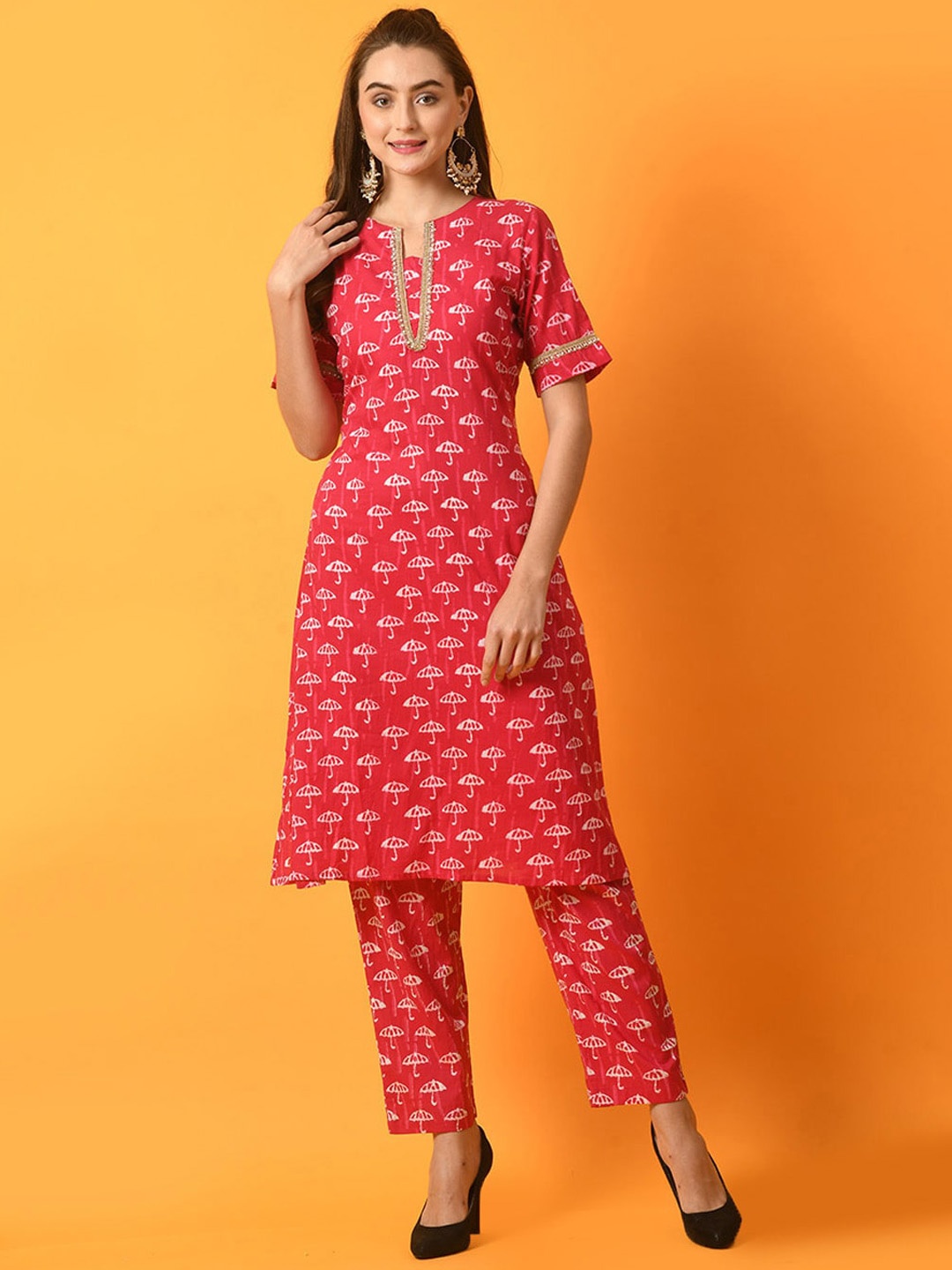 

KALINI Geometric Printed Pure Cotton Kurta With Trouser, Pink