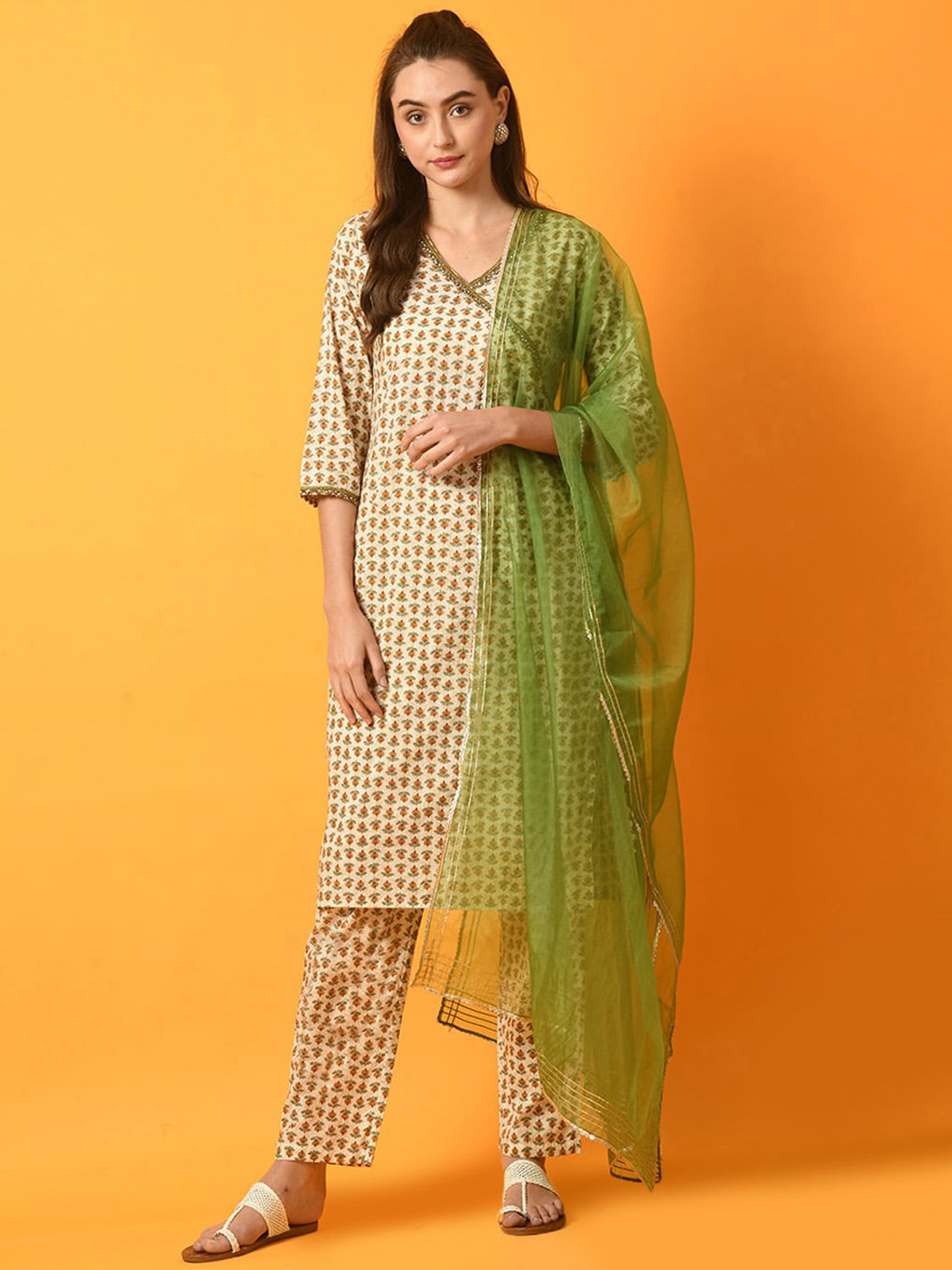 

KALINI Floral Printed Pure Cotton Kurta With Trousers & Dupatta, Green