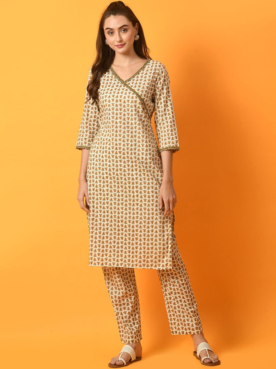 

KALINI Floral Printed V-Neck Three-Quarter Sleeves Cotton Straight Kurta & Trousers, Beige