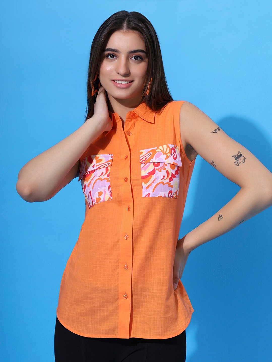 

DressBerry Spread Collar Sleeveless Original Regular Fit Viscose Rayon Shirt, Orange