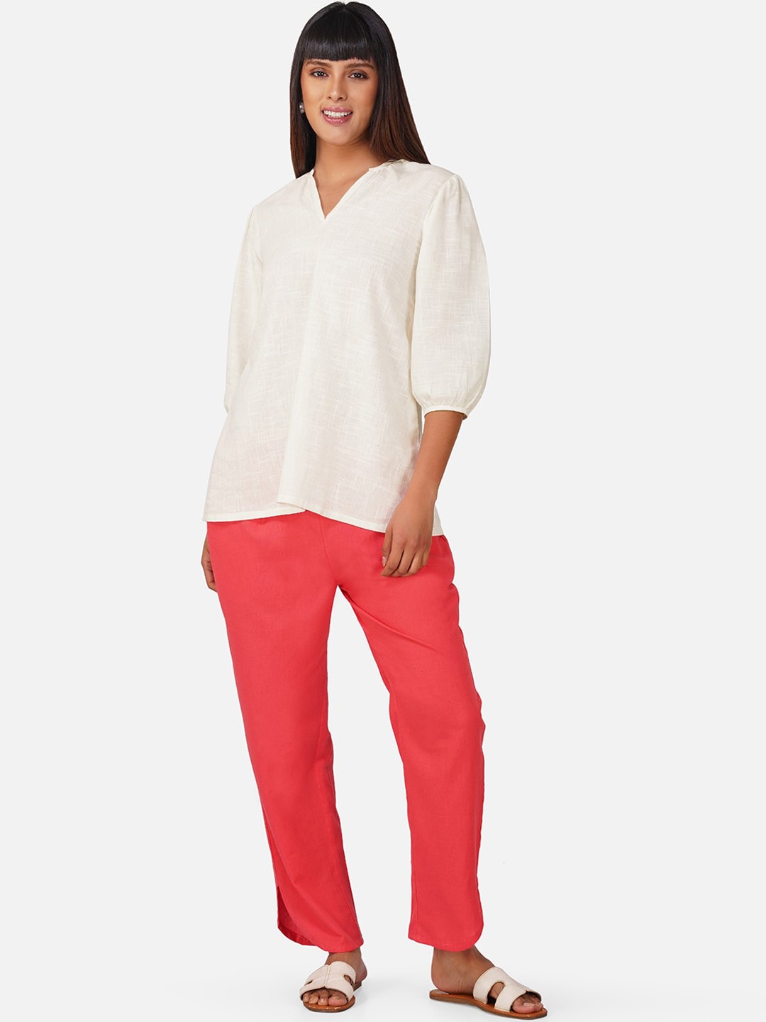 

BAESD Mandarin Collar Puff Sleeves Pure Cotton Top & Trouser, White