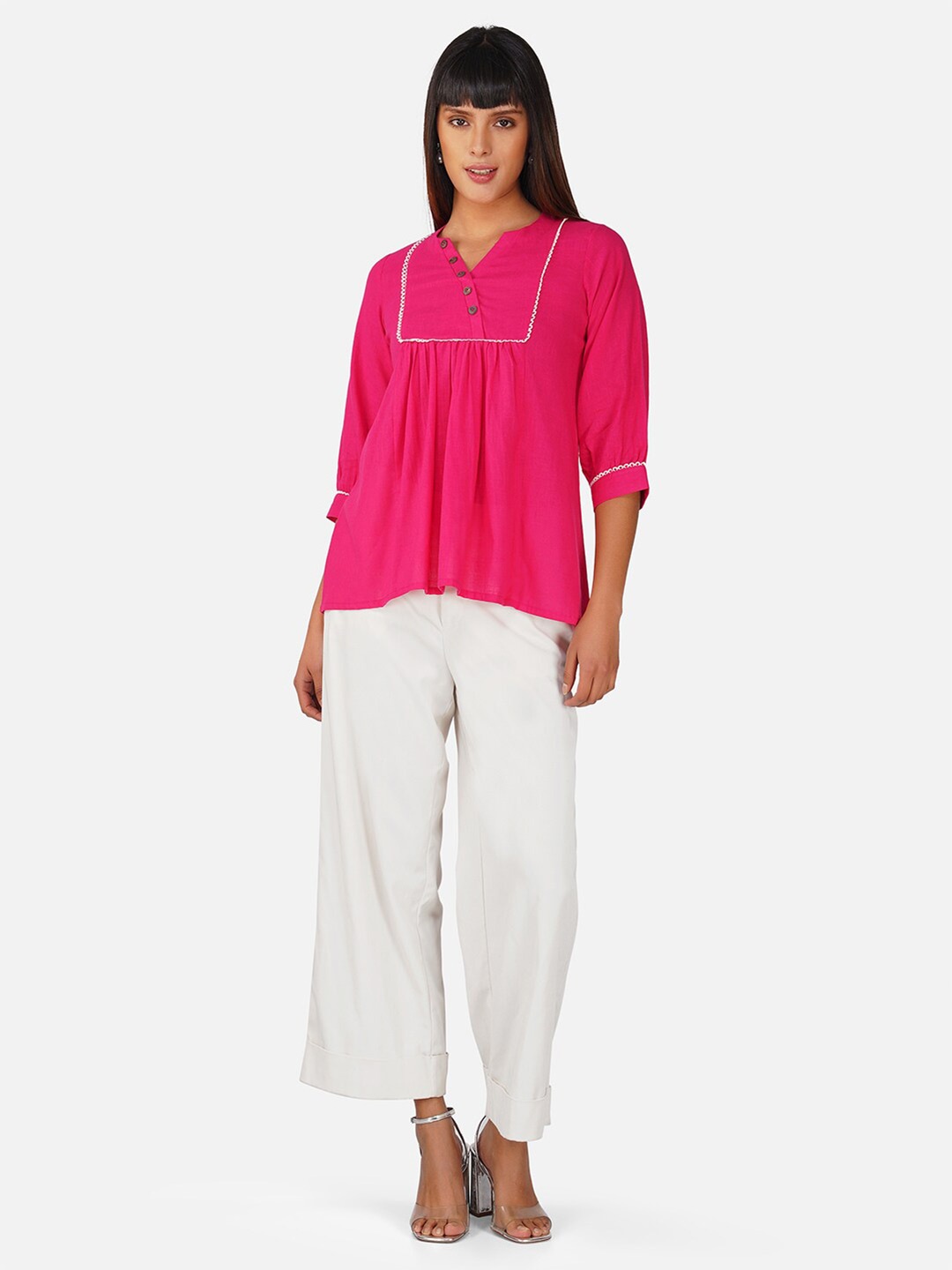 

BAESD Notch Neck Cuffed Sleeves Cotton A-Line Top, Pink