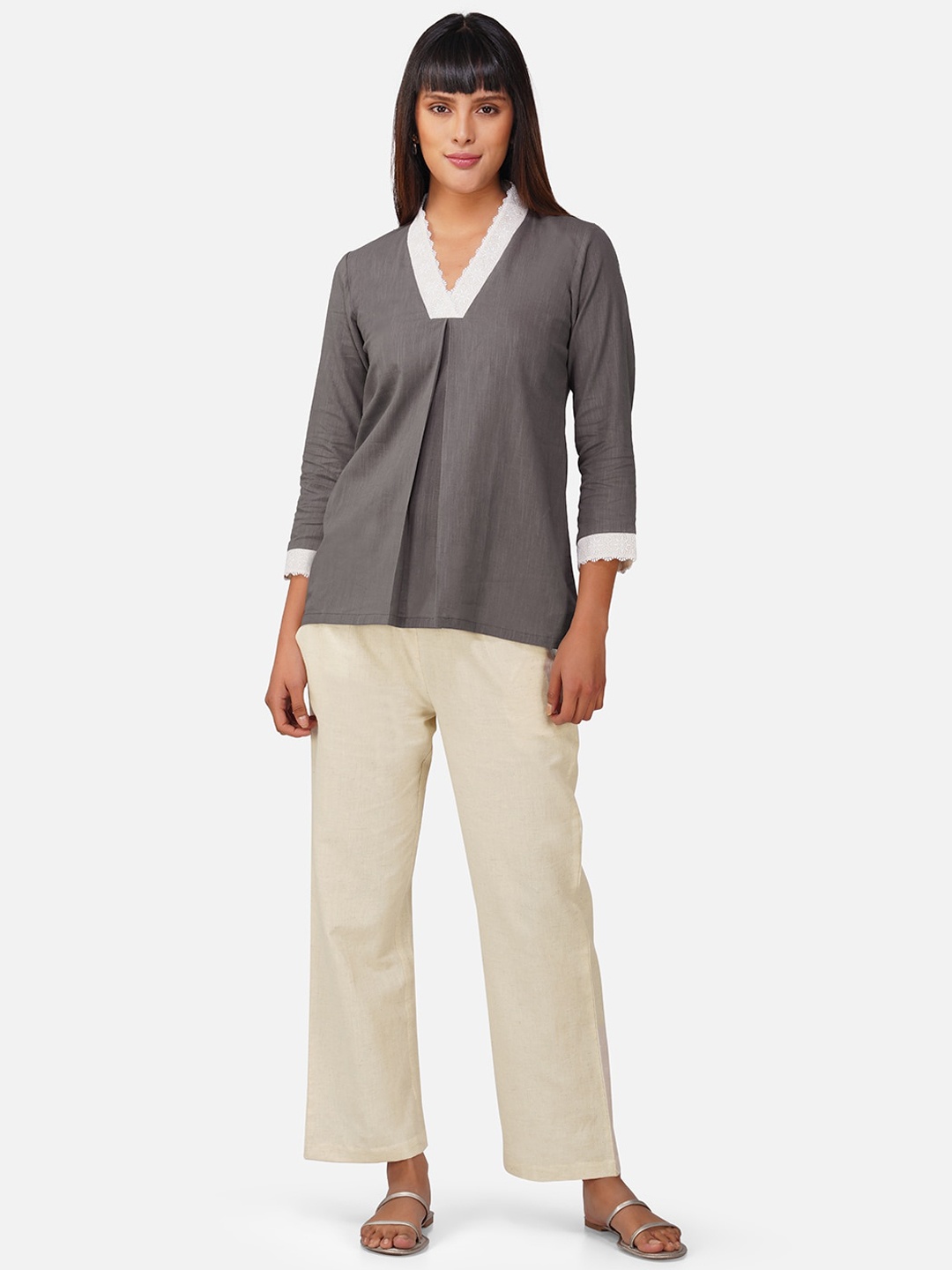 

BAESD V-Neck Pure Cotton Lace Top & Trousers, Grey