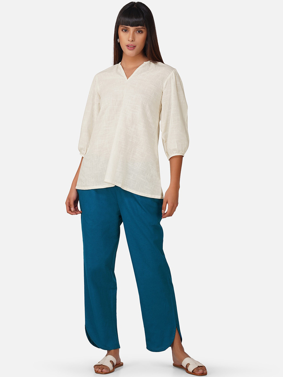 

BAESD Puff Sleeves Mandarin Collar Pure Cotton Top & Trouser, White