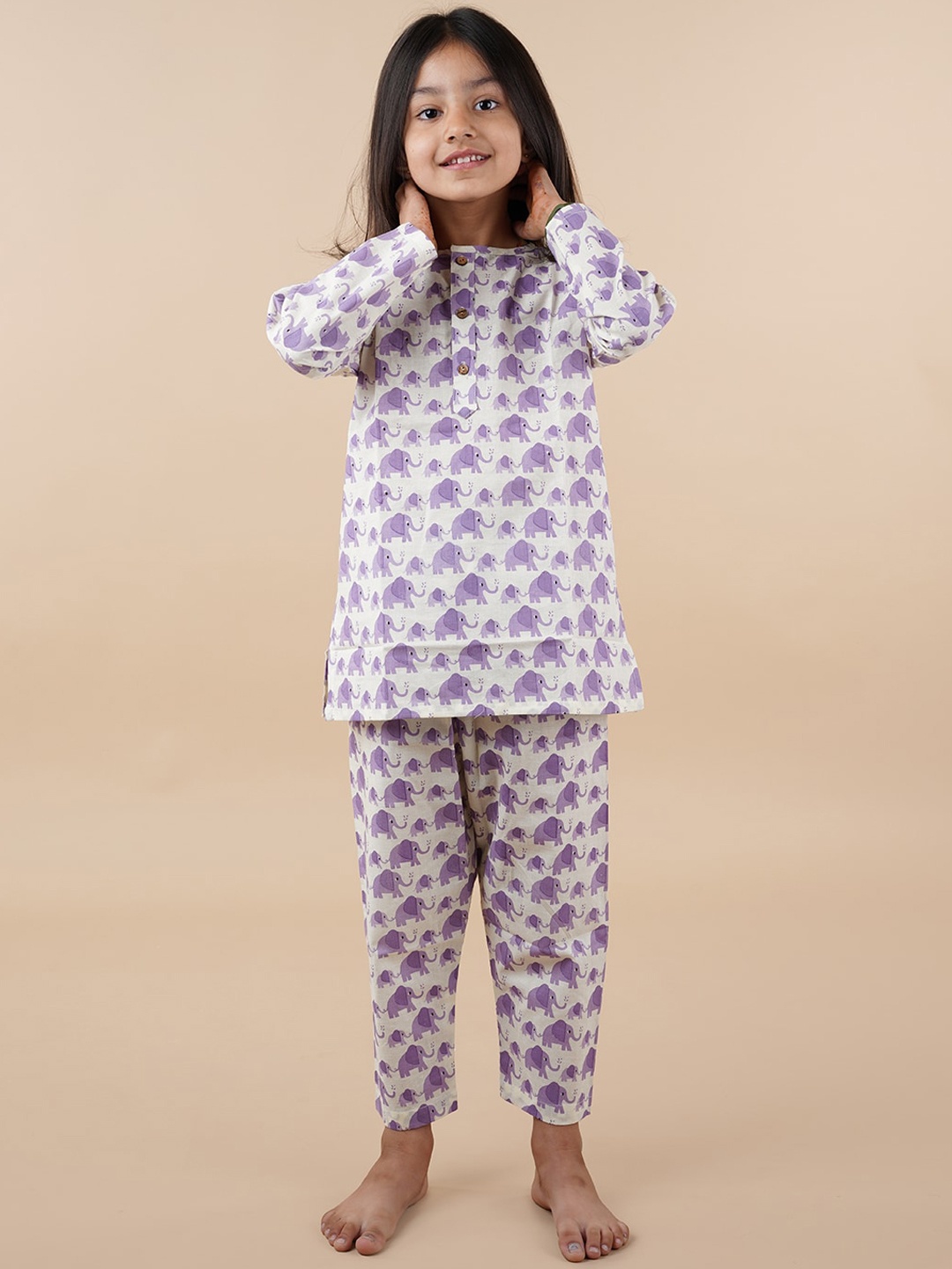 

SPARSA Kids Elephant Printed Pure Cotton Night Suit, Purple